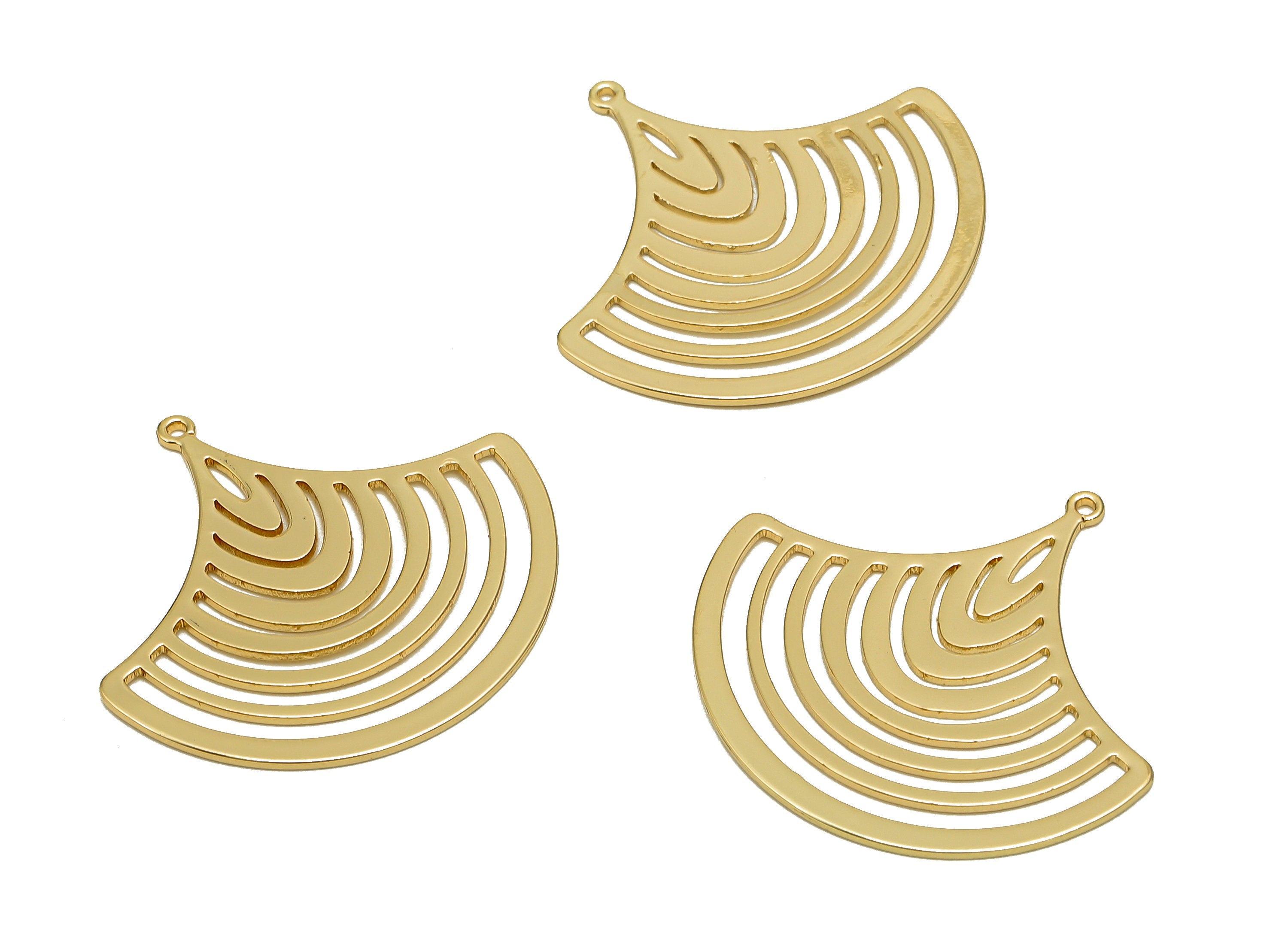 Brass Ginkgo Earring Charm - Sector Hollow Pendant With Loop - Fan Charm For Necklace - 18K Real Gold Plating - 25.2x26.6x0.6mm - RGP5757G - DOMEDBAZAAR