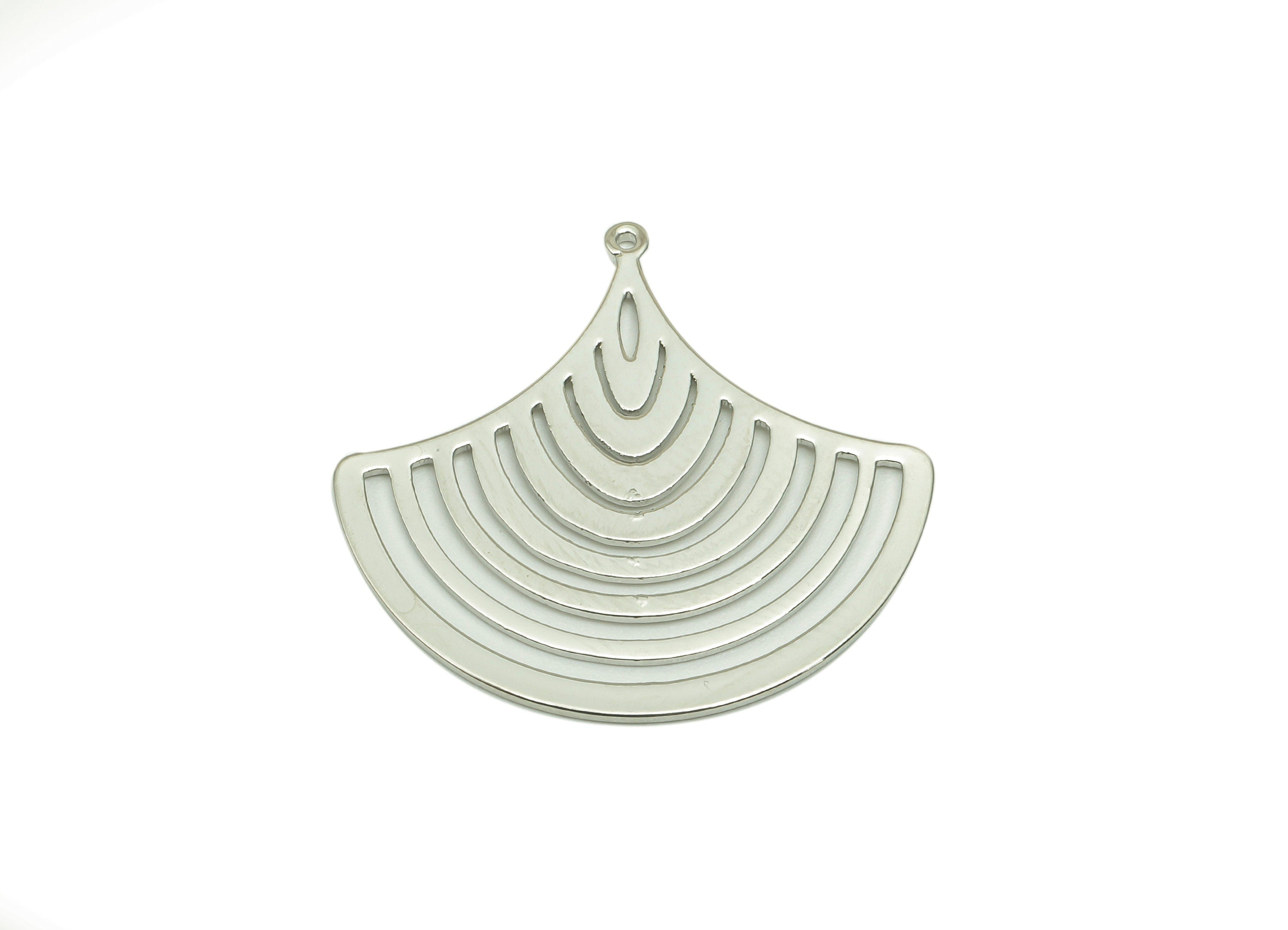 Brass Ginkgo Earring Charm - Sector Hollow Pendant With Loop - Fan Charm For Necklace - 18K Real White Gold Plating-25.2x26.6x0.6mm-RGP5757S - DOMEDBAZAAR