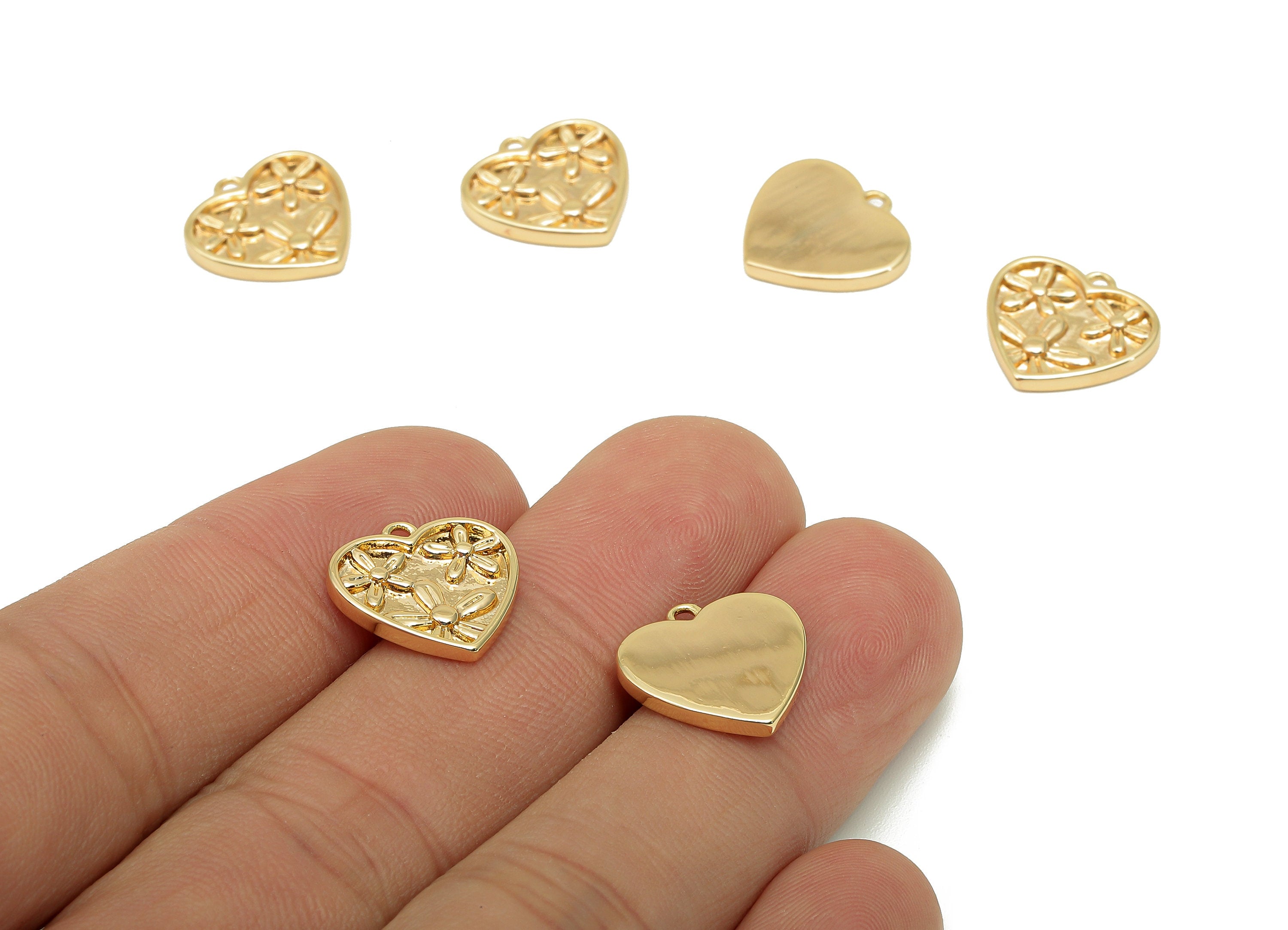 Brass Flower Heart Earring Charm - Gold Thick Heart Earring - Heart Pendant With Loop - 18K Real Gold Plating - 13.8x14.2x1.8mm -RGP5693 - DOMEDBAZAAR