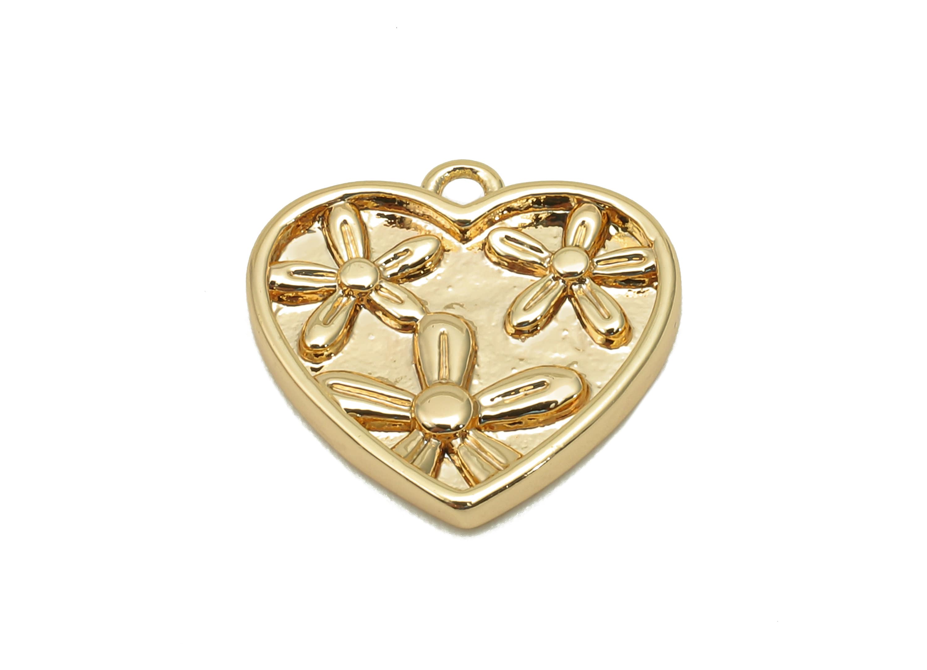 Brass Flower Heart Earring Charm - Gold Thick Heart Earring - Heart Pendant With Loop - 18K Real Gold Plating - 13.8x14.2x1.8mm -RGP5693 - DOMEDBAZAAR