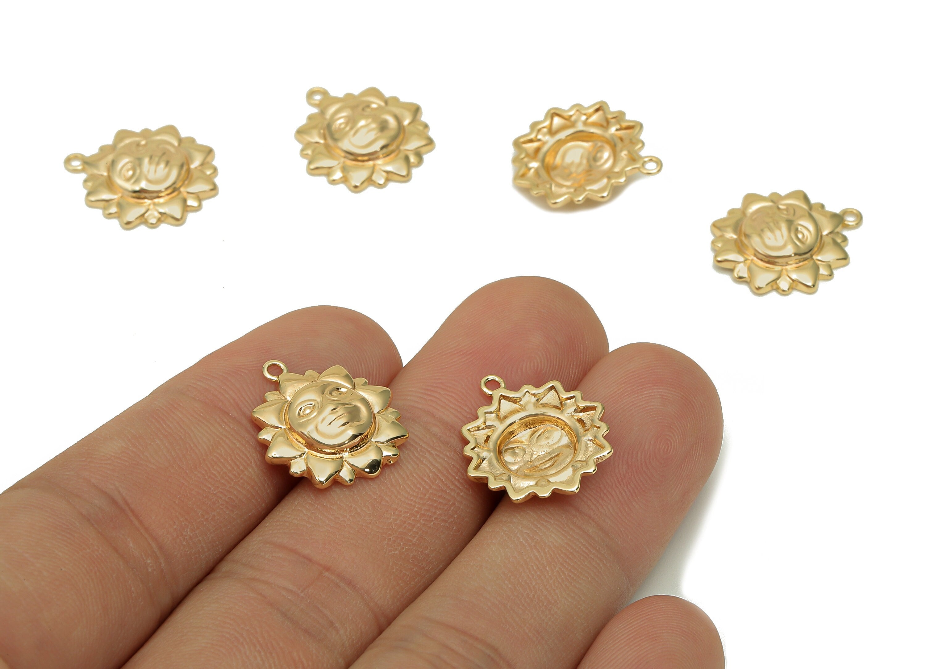 Brass Sun Face Earring Charm - Gold Moon Face Earring - Sun Pendant With Loop - 18K Real Gold Plating - 18.2x15.8x1.4mm - RGP5706 - DOMEDBAZAAR