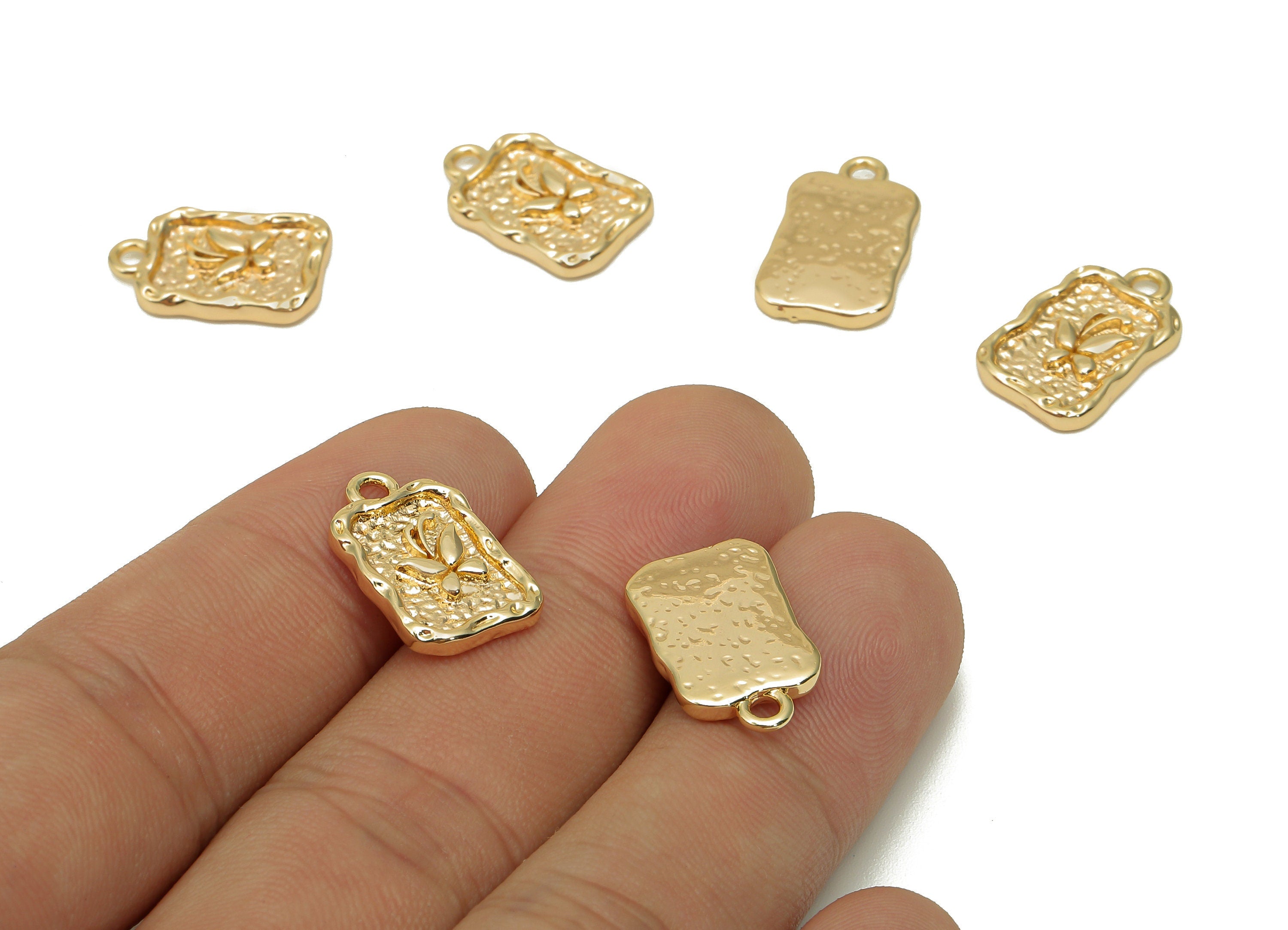 Brass Butterfly Rectangle Earring Charm - Textured Rectangle Earring - Pendant With Loop - 18K Real Gold Plating - 17.4x10.9x2.4mm - RGP5707 - DOMEDBAZAAR
