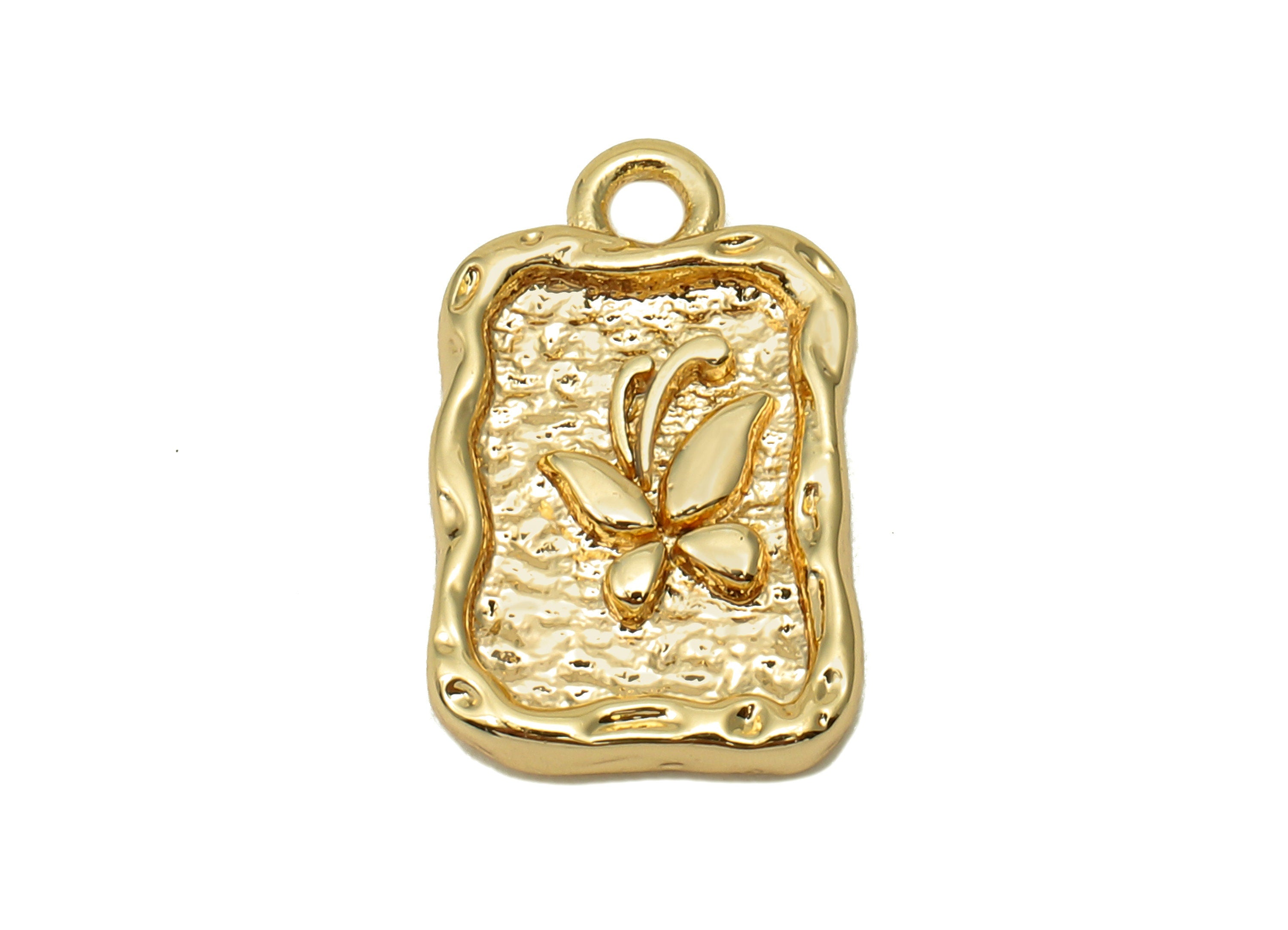 Brass Butterfly Rectangle Earring Charm - Textured Rectangle Earring - Pendant With Loop - 18K Real Gold Plating - 17.4x10.9x2.4mm - RGP5707 - DOMEDBAZAAR