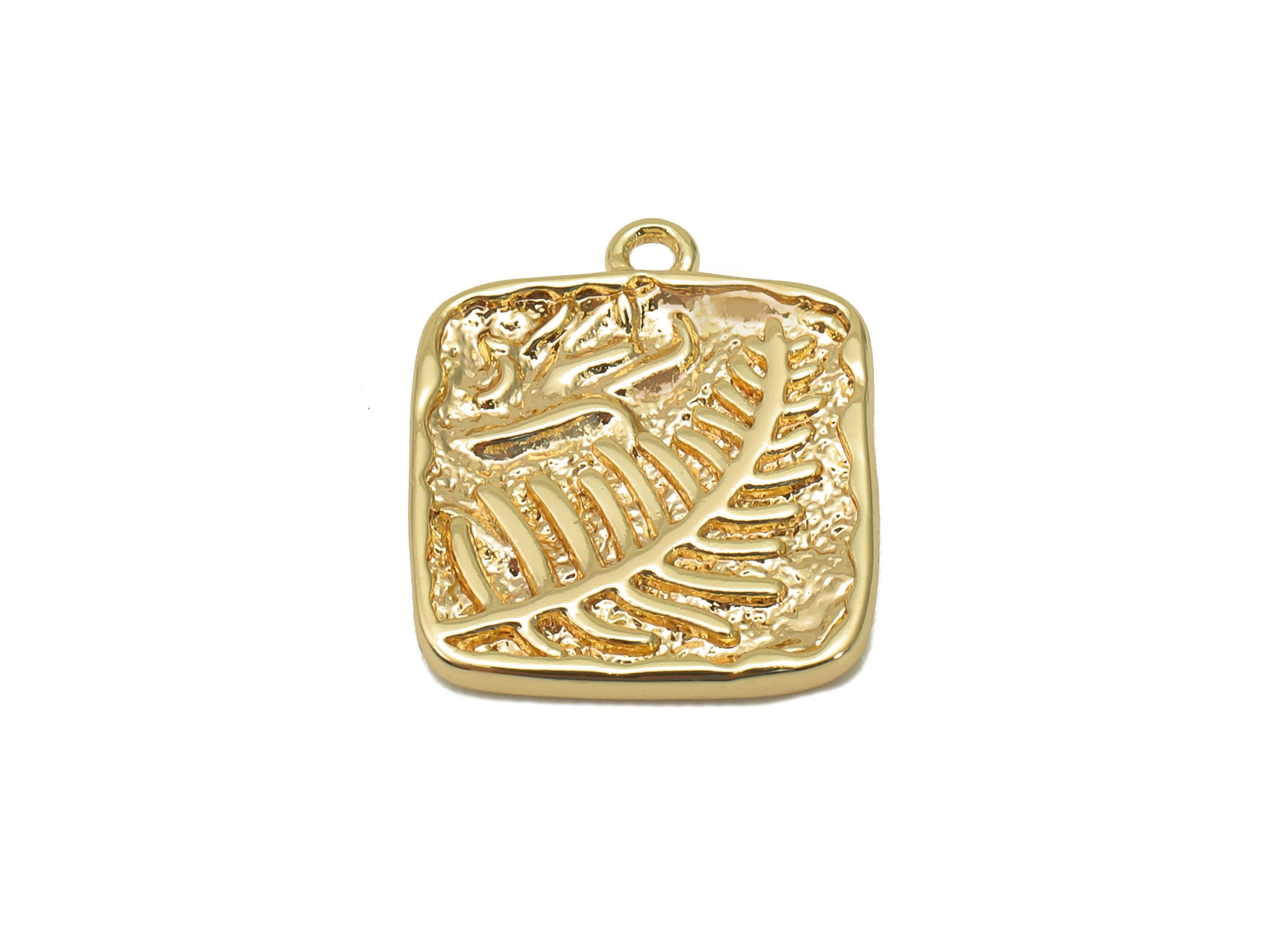 Brass Wheat Square Earring Charm - Gold Textured Ears Of Wheat Earring - Pendant With Loop - 18K Real Gold Plating - 16.2x14x2mm - RGP5700 - DOMEDBAZAAR