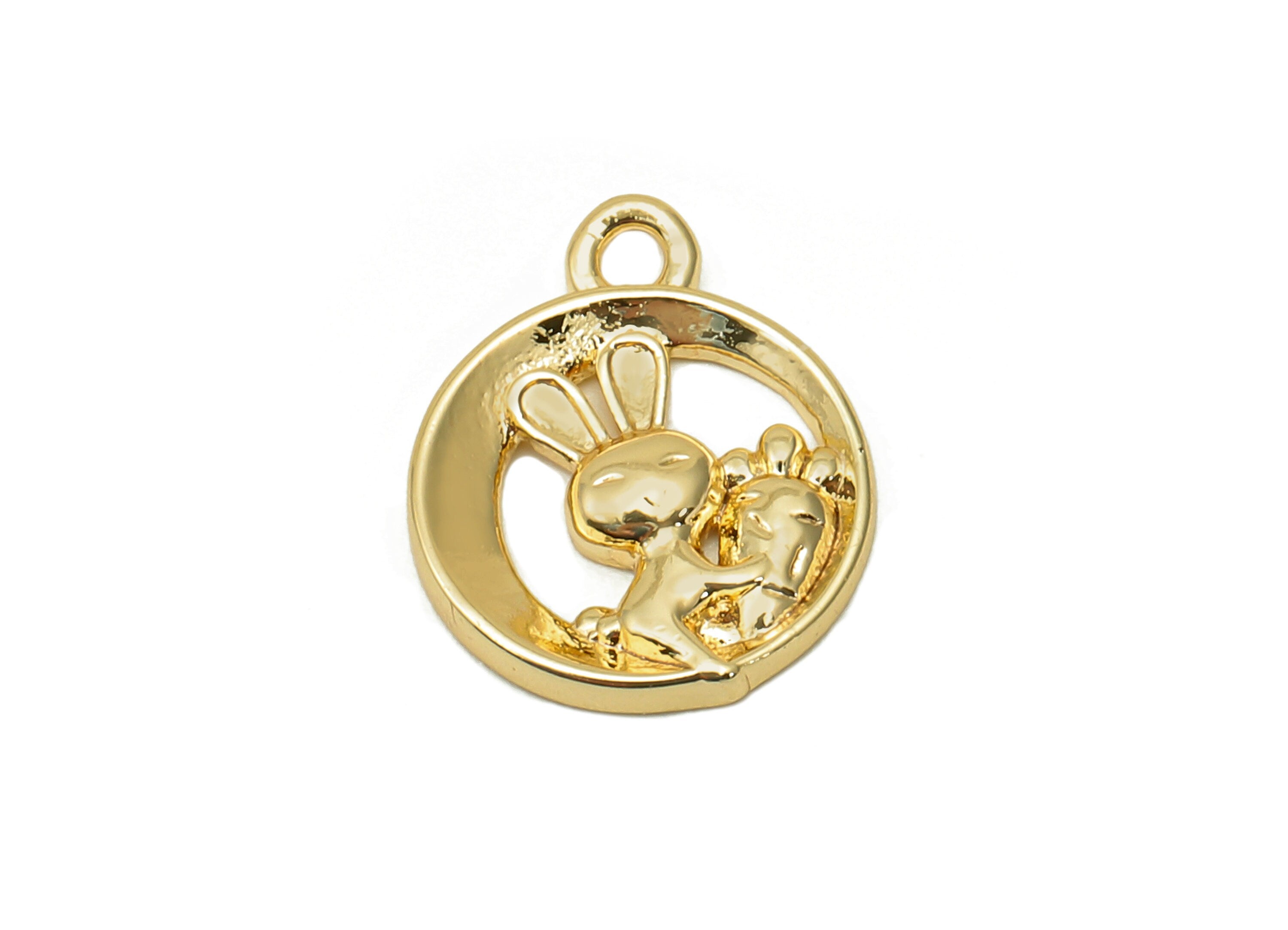 Brass Rabbit Hollow Round Earring - Rabbit Pendant With Loop - Circle Charm For Necklace - 18K Real Gold Plating - 14.4x11.8x2.1mm - RGP5709 - DOMEDBAZAAR
