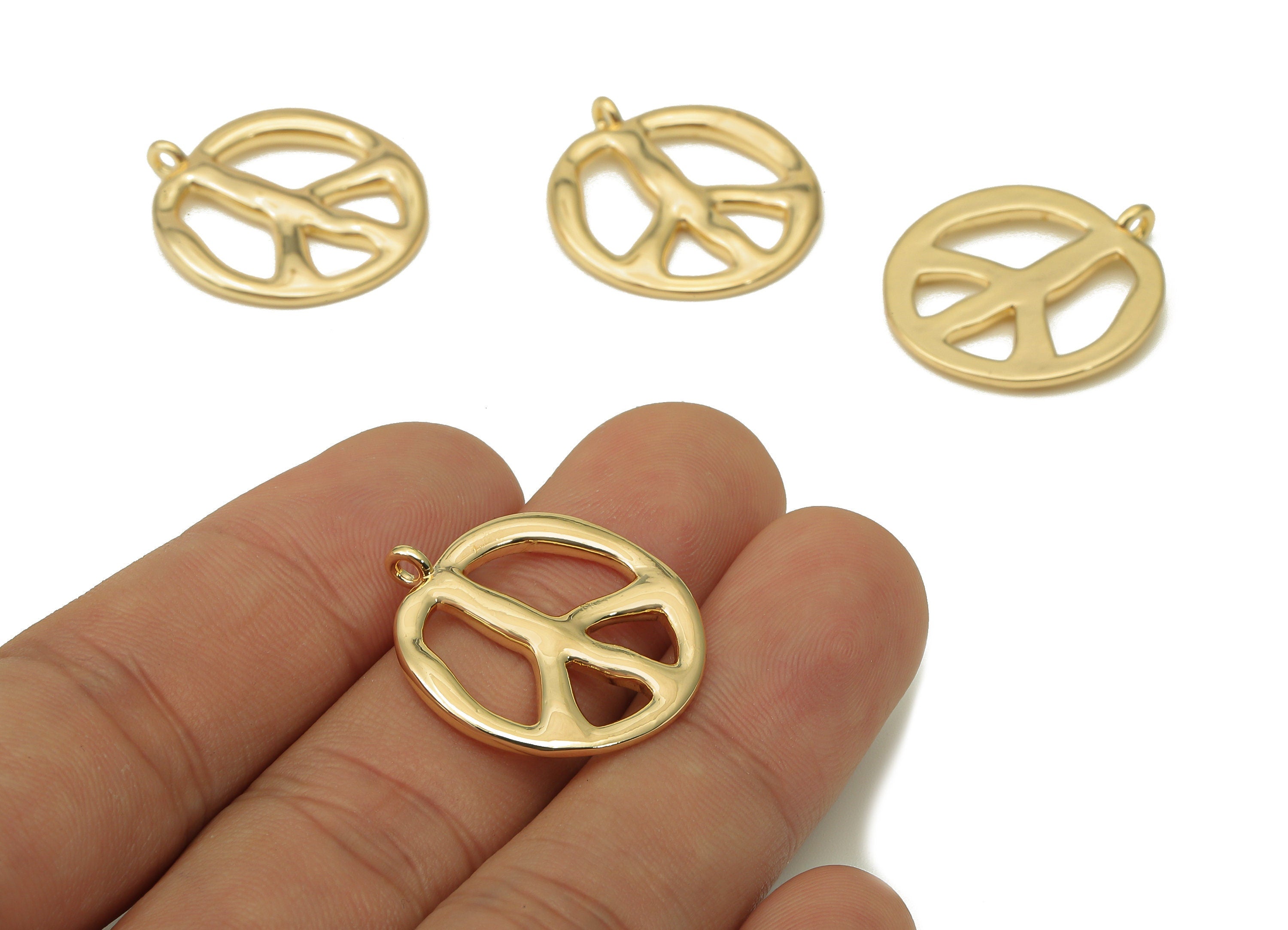 Brass Round Earring Charm - Circle Peace Sign Earring - Peace Pendant With Loop - 18K Real Gold Plating - 25.3x23.1x2.2mm - RGP5581 - DOMEDBAZAAR