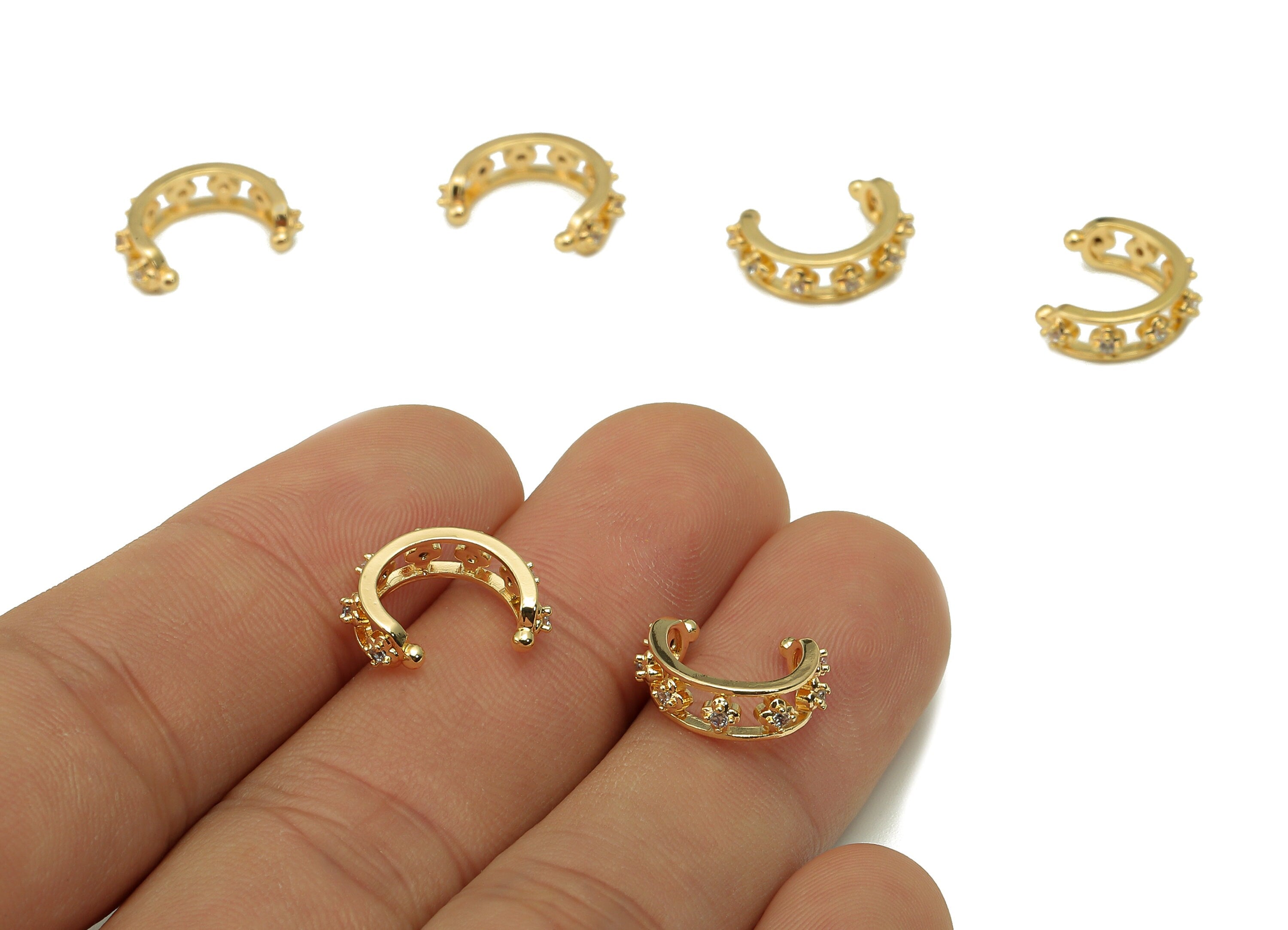Brass Flower Open Round C Ring - Hollow Hoop Septum Ring With Zircon - Cartilage Earring - 18K Real Gold Plating - 14.5x11.7x2.6mm - RGP5597 - DOMEDBAZAAR