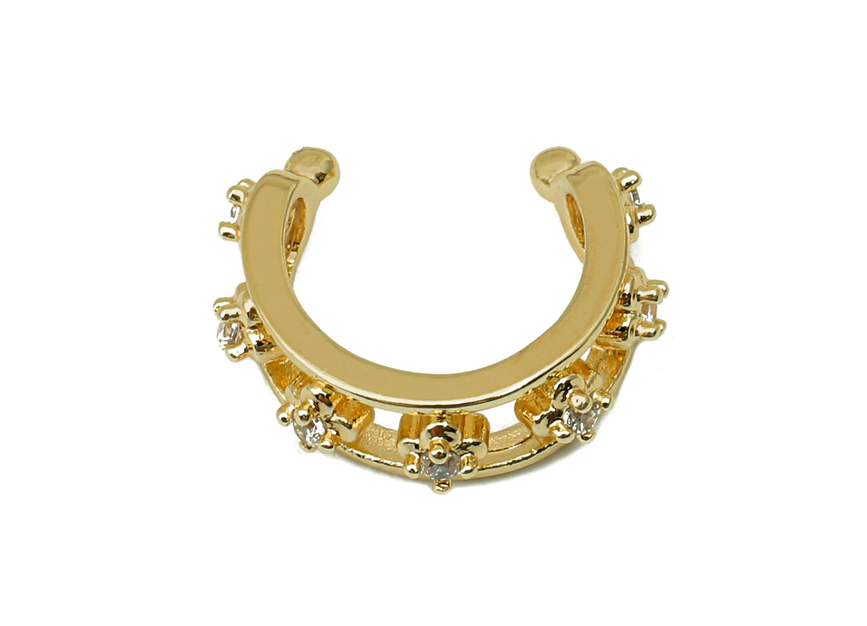 Brass Flower Open Round C Ring - Hollow Hoop Septum Ring With Zircon - Cartilage Earring - 18K Real Gold Plating - 14.5x11.7x2.6mm - RGP5597 - DOMEDBAZAAR
