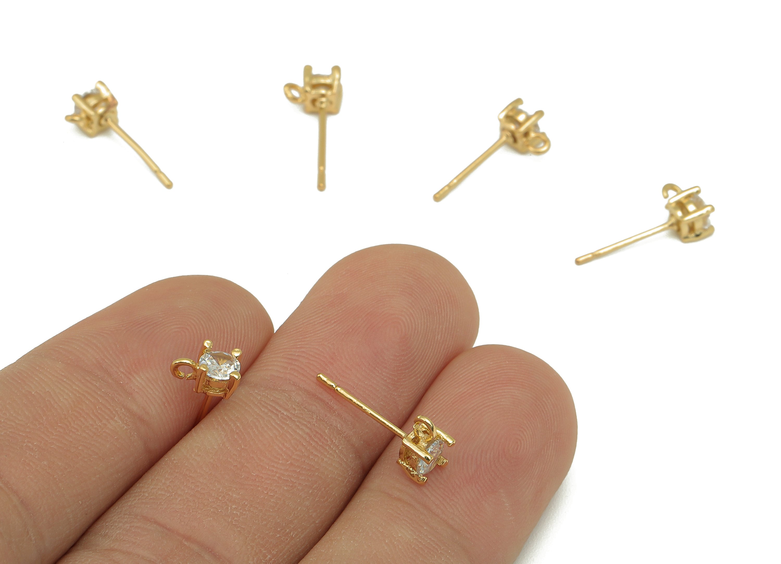Brass Mini Roud Earring Post - Zircon Stud Earring With Loop - 316 Stainless Steel Stud - 18K Real Gold Plating - 6.5x4.3x3.3mm - RGP4538 - DOMEDBAZAAR