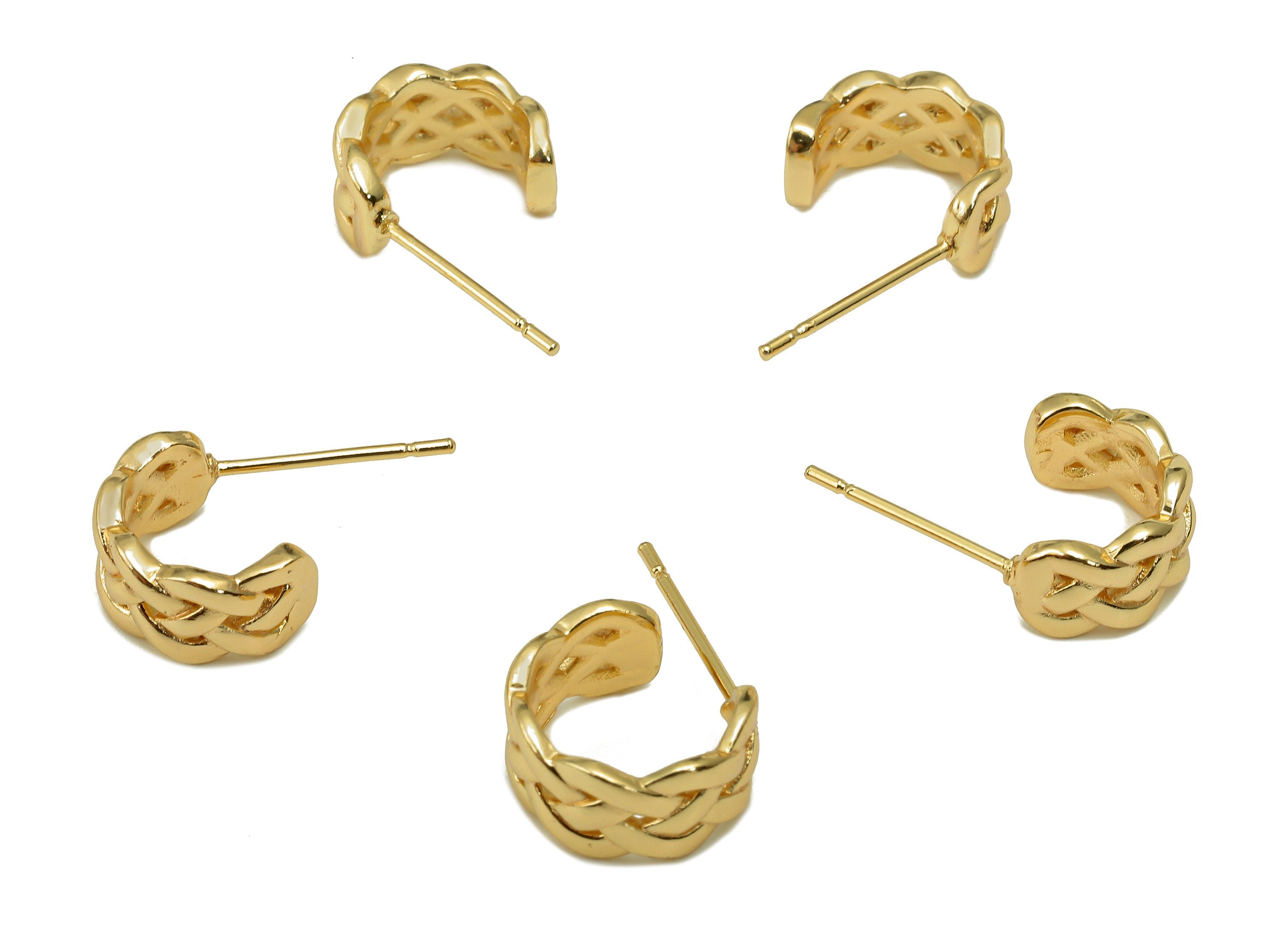 Brass Knitting Huggie C Stud Earrings - Wide Braid Earring Post - 316 Stainless Steel Stud - 18K Real Gold Plating - 19.3x11x1.8mm - RGP5601 - DOMEDBAZAAR