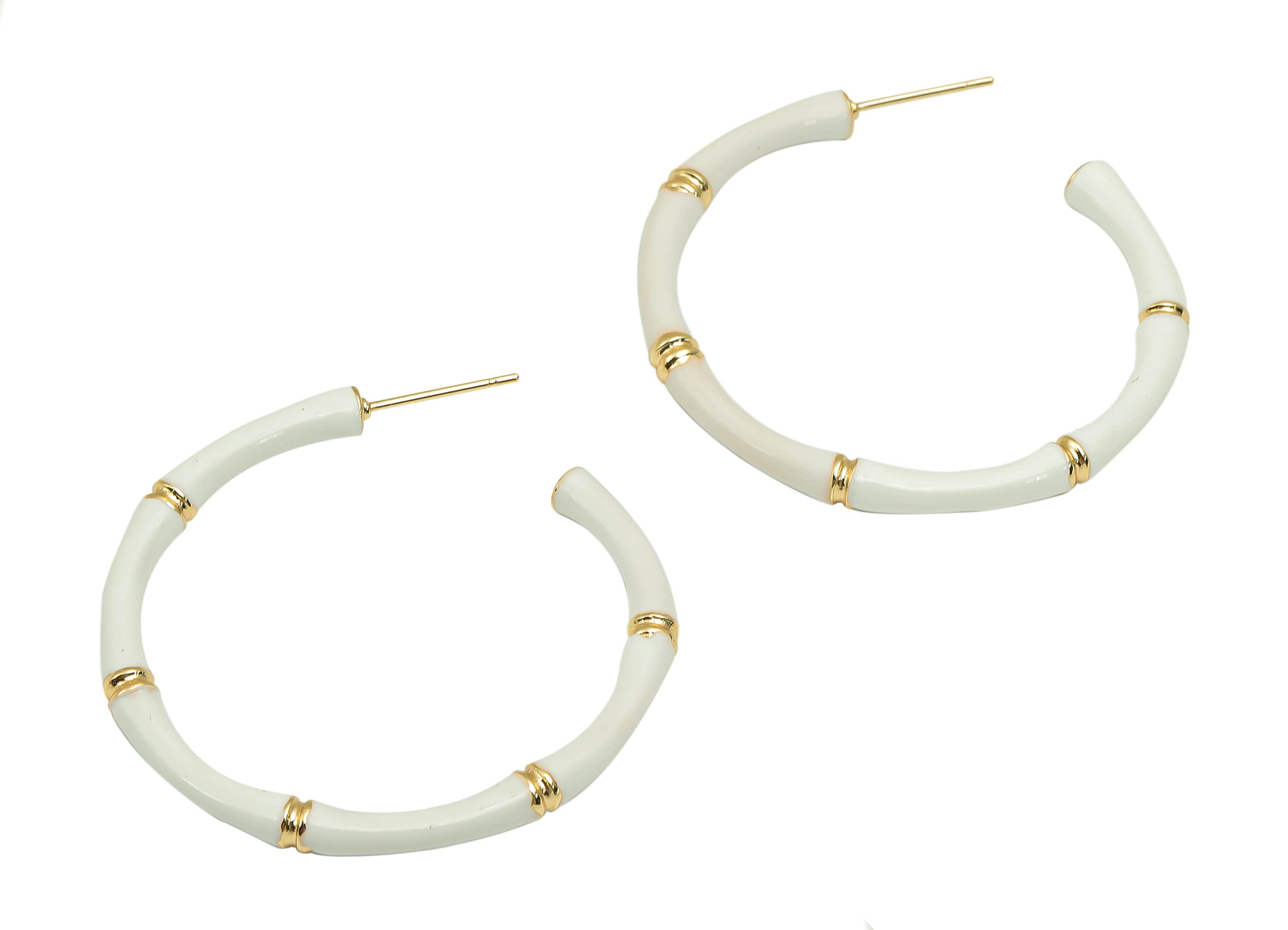 Brass Thick Hoop Stud Earrings - Di You White Bamboo Earring Post - 316 Stainless Steel - 18K Real Gold Plating - 41.4x44.1x3.8mm - RGP5758 - DOMEDBAZAAR