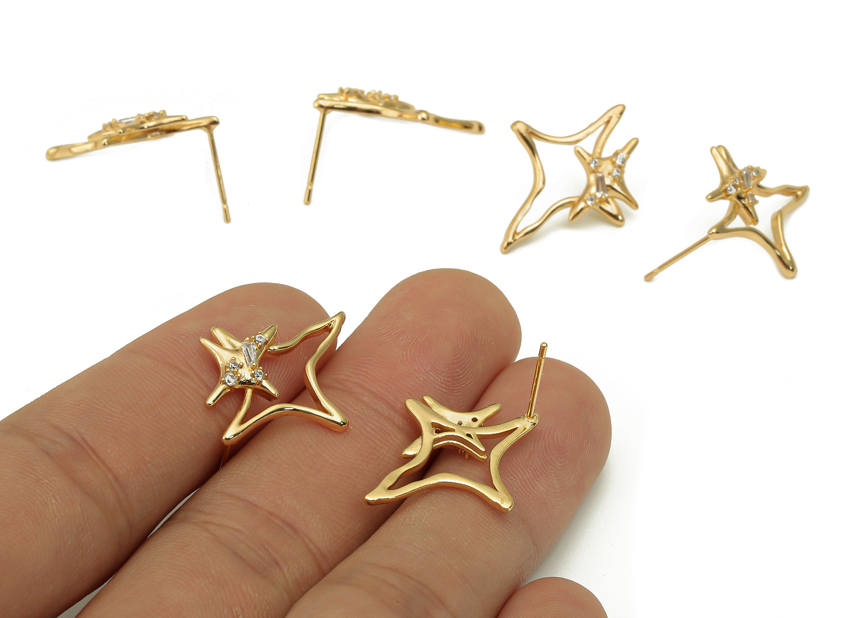 Brass Zircon Planet Earring Post - Gold North Star Stud Earring - 316 Stainless Steel Stud - 18K Real Gold Plating - 24.6x19x3.3mm - RGP5605 - DOMEDBAZAAR