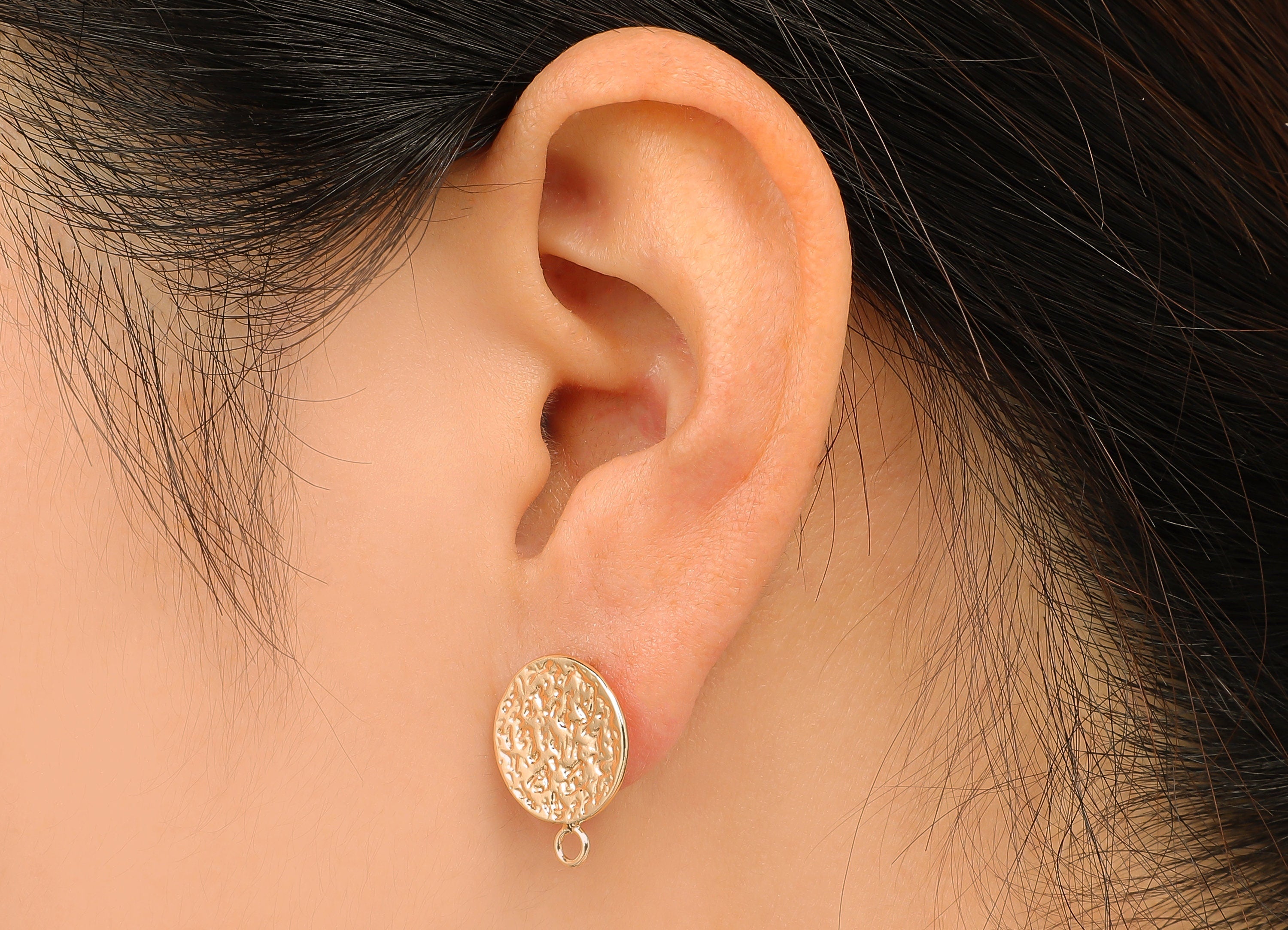 Brass Hammered Round Earring Post - Circle Stud Earring With Loop - 316 Stainless Steel - 18K Real Gold Plating - 17.9x14.2x0.9mm - RGP5760 - DOMEDBAZAAR