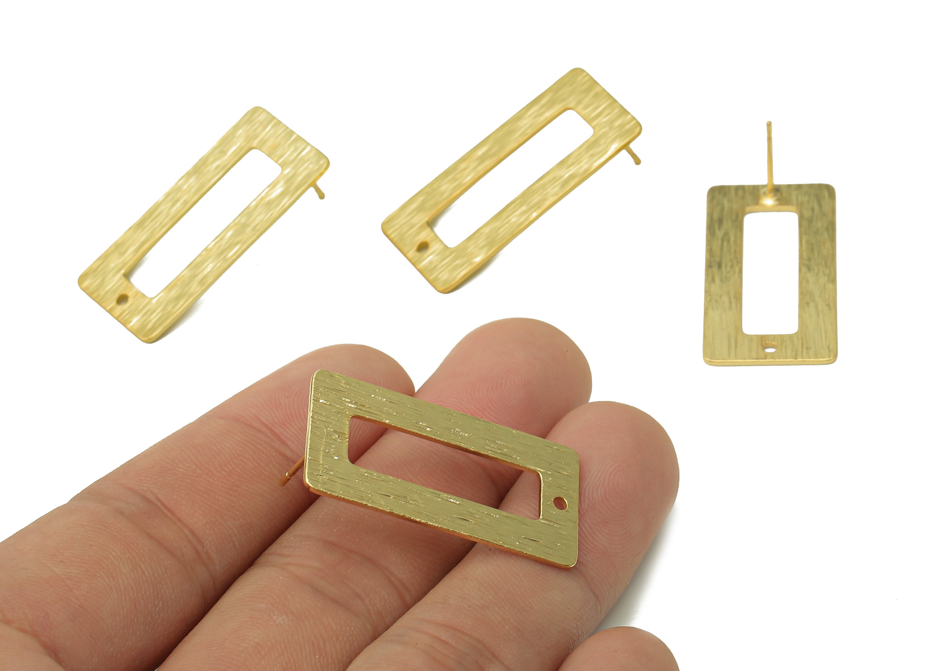 Brass Textured Rectangle Earring Post - Gold Stud Earring With Hole - 316 Stainless Steel - 18K Real Gold Plating - 16.3x0.8x2.6mm - RGP5439 - DOMEDBAZAAR