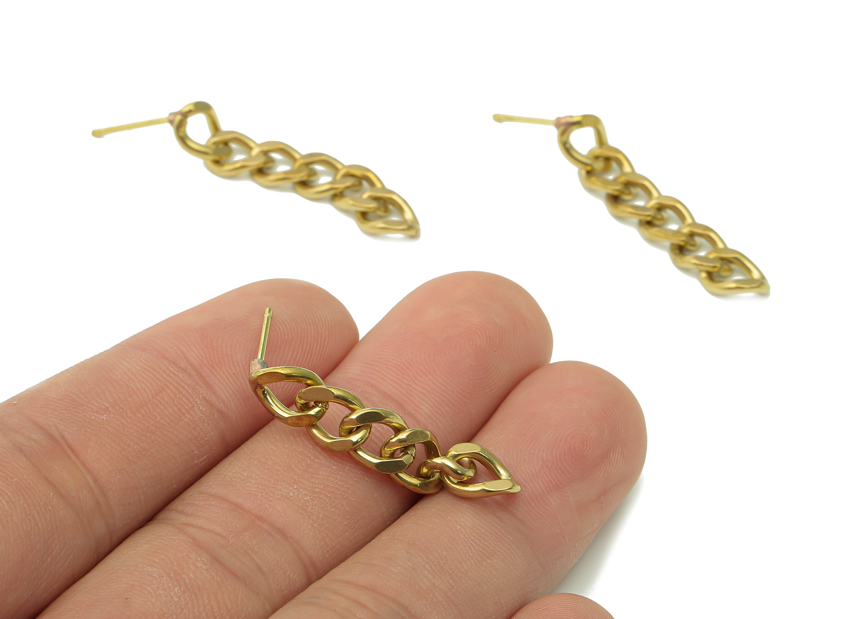 Brass Faceted Chain Earring Stud - Raw Brass Hanging Chain Earring Post - Curb Chain Stud Earring - Brass Stud - 35.2x6.4x1.4mm - PP8065 - DOMEDBAZAAR