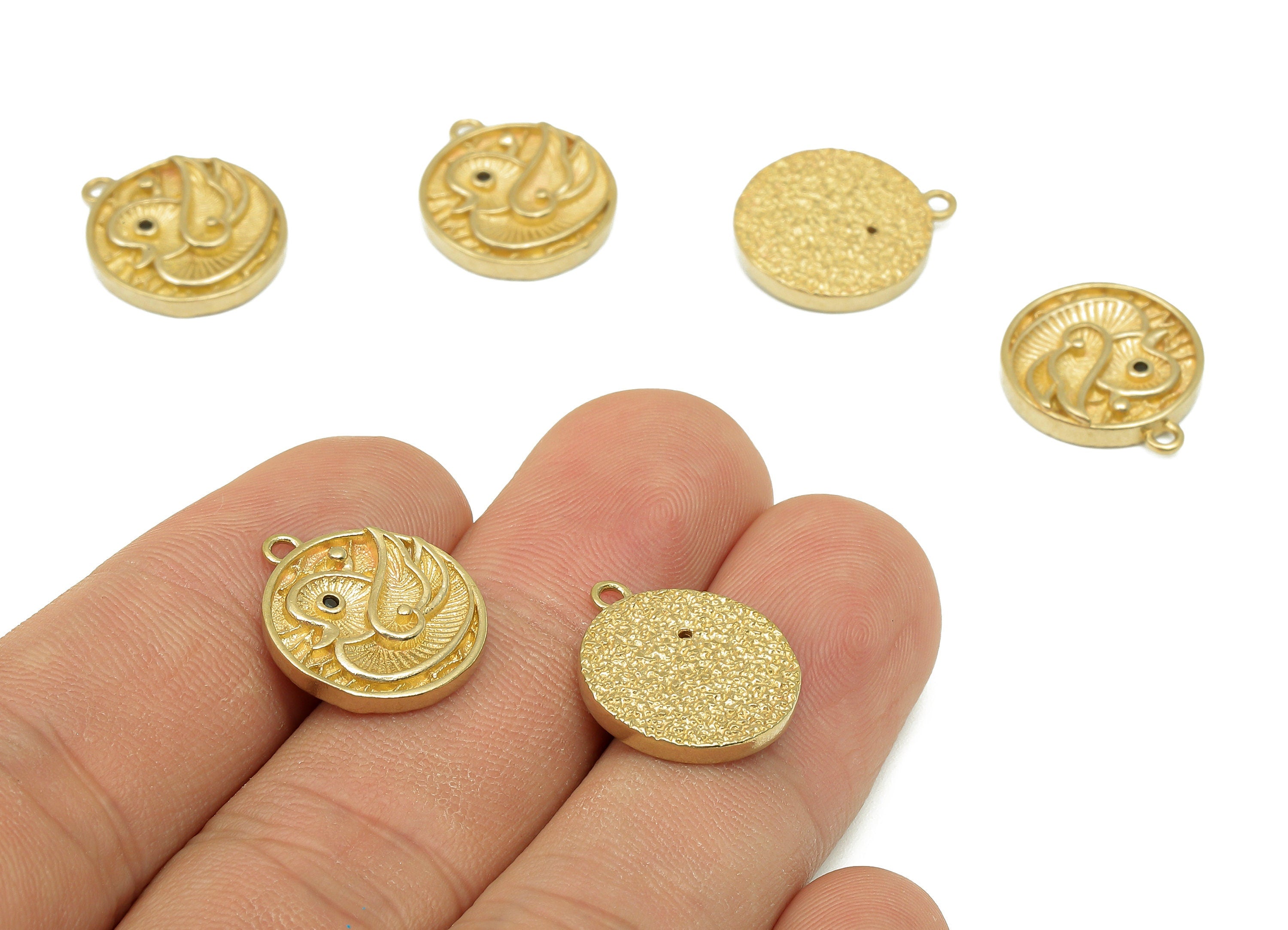 Brass Round Bird Earring Charms - Raw Brass Circle Mandarin Duck Earrings - Zircon Texured Pendant With Loop - 17.1x14.6x2.6mm - PP8174 - DOMEDBAZAAR
