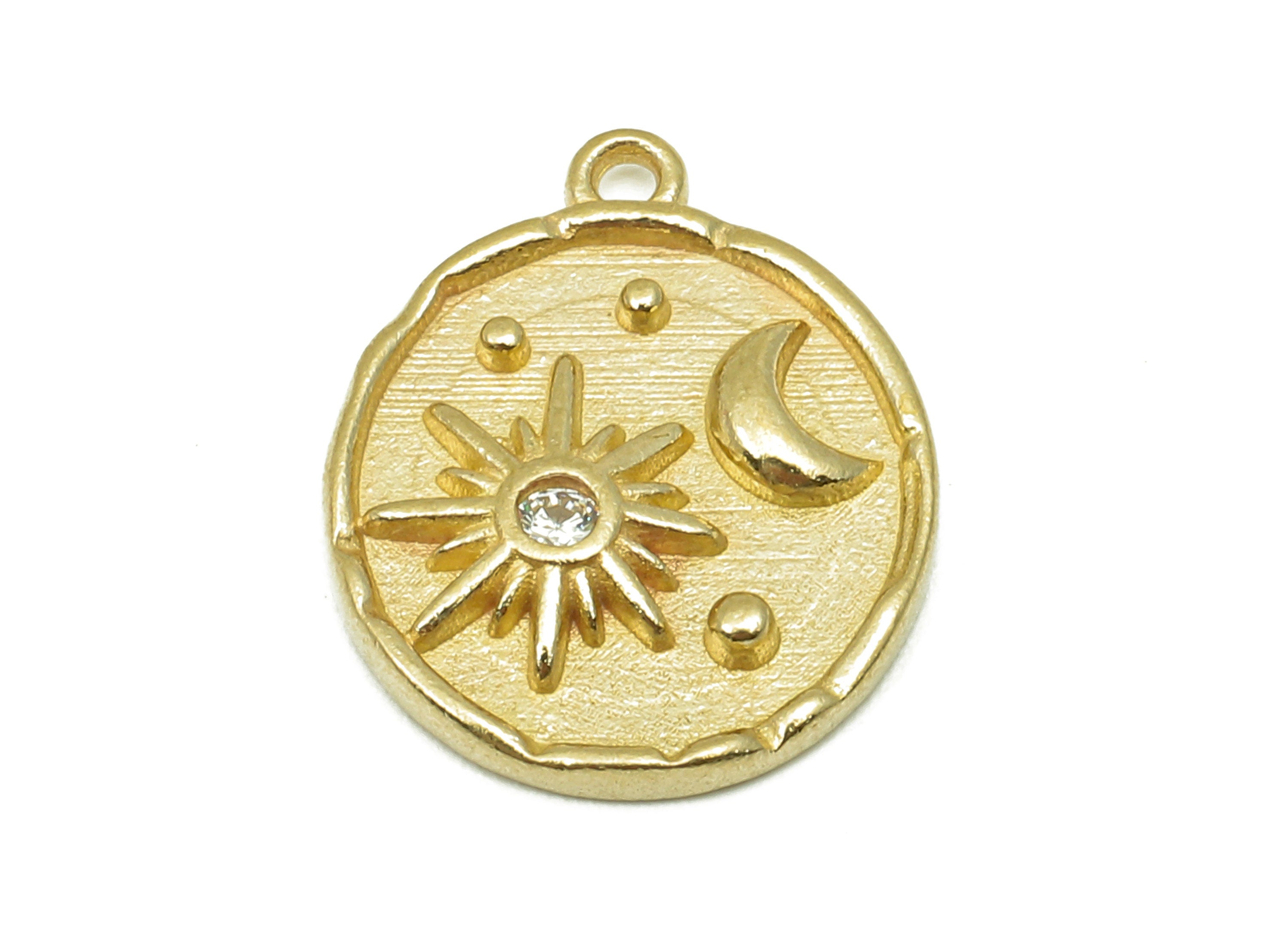 Brass Round Crescent Earring Charm - Raw Brass Circle Star Earrings - Zircon Pendant With Loop - Necklace Charm - 17.3x14.1x2.2mm - PP8175 - DOMEDBAZAAR