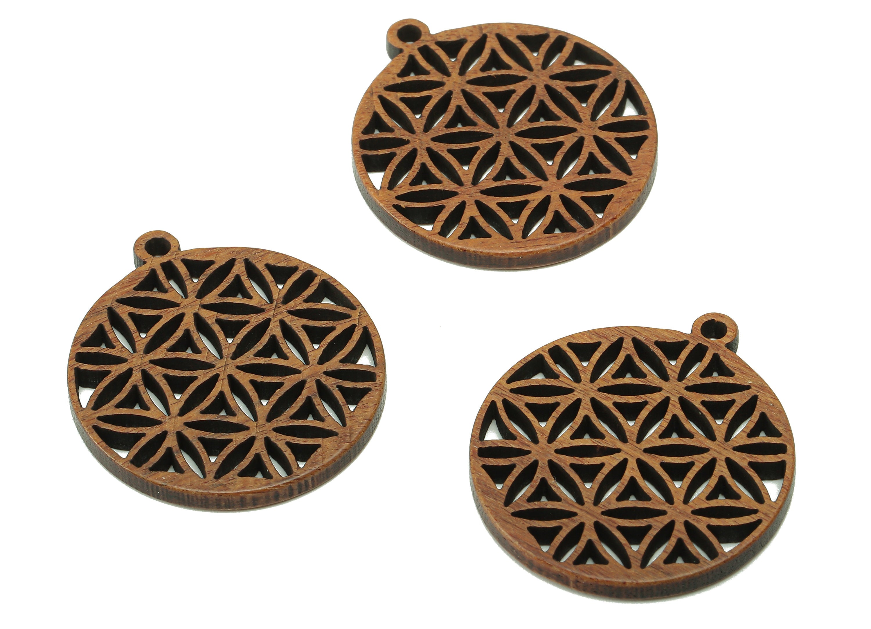 Mahogany Wood Flower Round Charm - Coffee Color Flower Circle Earring - Hollow Pendant With Loop - For Necklace - 28.9x26.1x2.3mm - BB1302 - DOMEDBAZAAR