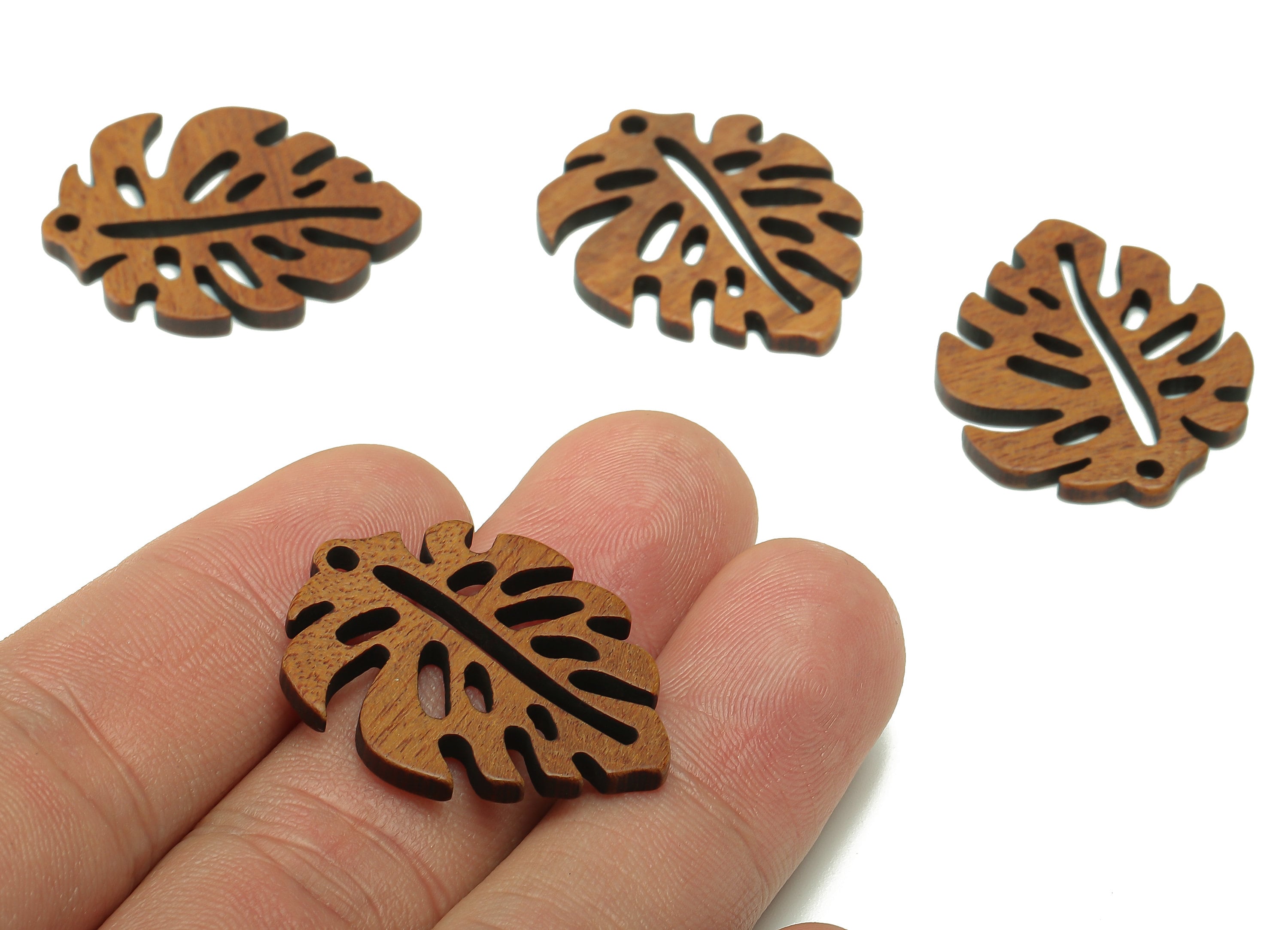 Mahogany Wood Monstera Leaf Charm - Coffee Color Leaves Earring - Hollow Pendant With Hole - For Necklace - 30.8x24.3x2.3mm - BB1305 - DOMEDBAZAAR