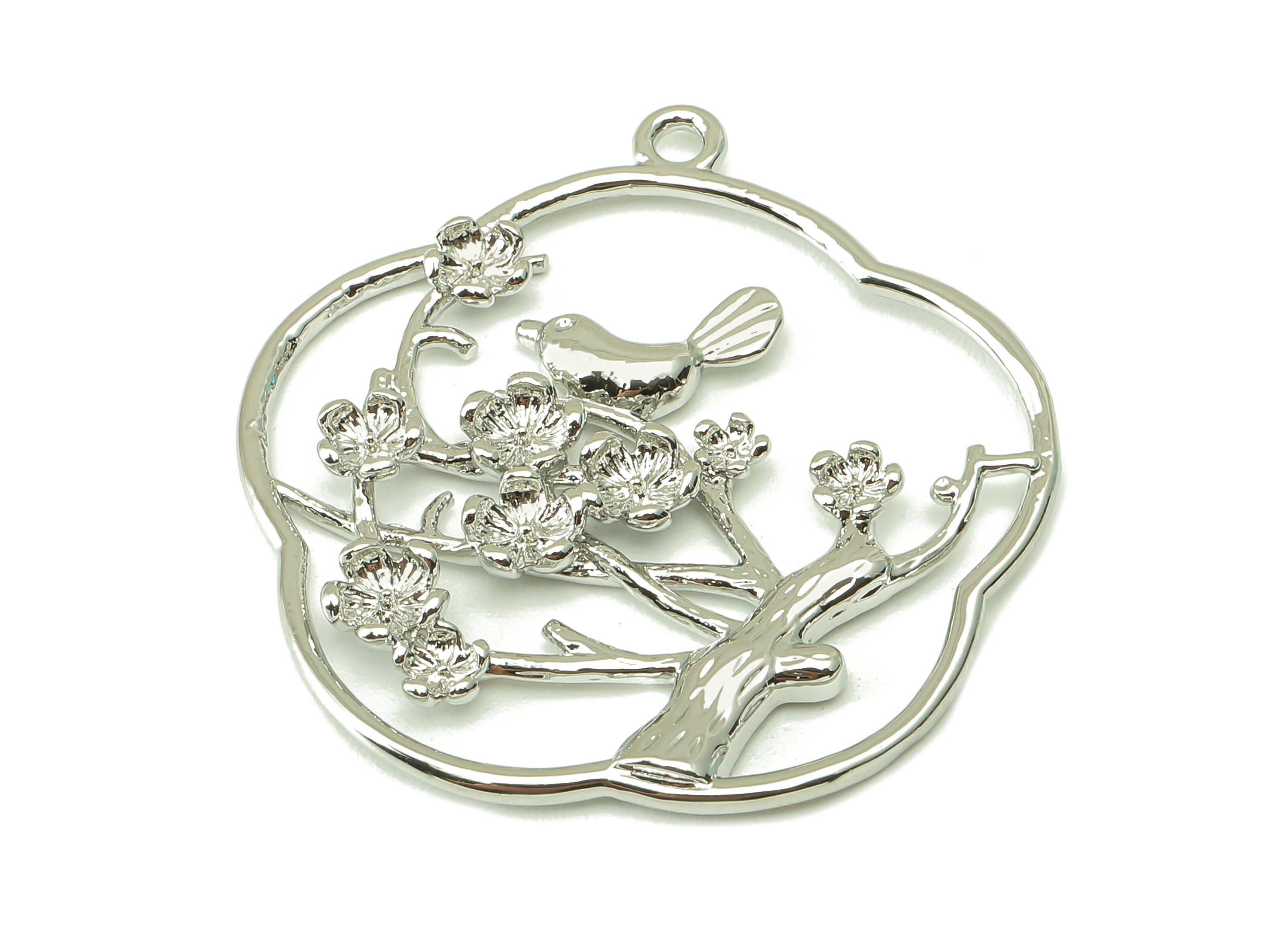 Brass Flower Landscape Charm - Bird Plum Blossom Earring - Tree Pendant With Loop - 18K Real White Gold Plating - 32.2x31.2x1.3mm - RGP2528S - DOMEDBAZAAR