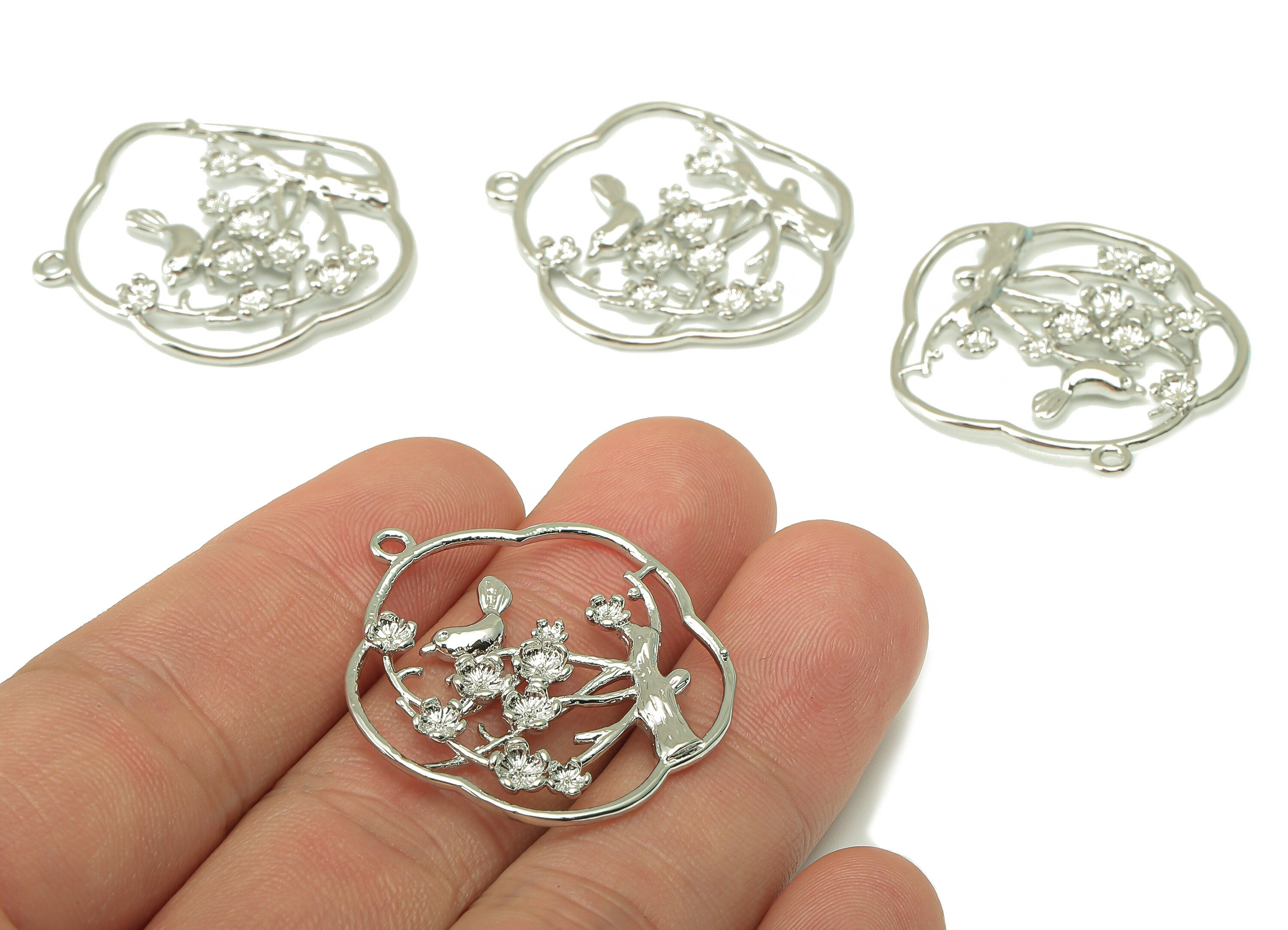 Brass Flower Landscape Charm - Bird Plum Blossom Earring - Tree Pendant With Loop - 18K Real White Gold Plating - 32.2x31.2x1.3mm - RGP2528S - DOMEDBAZAAR