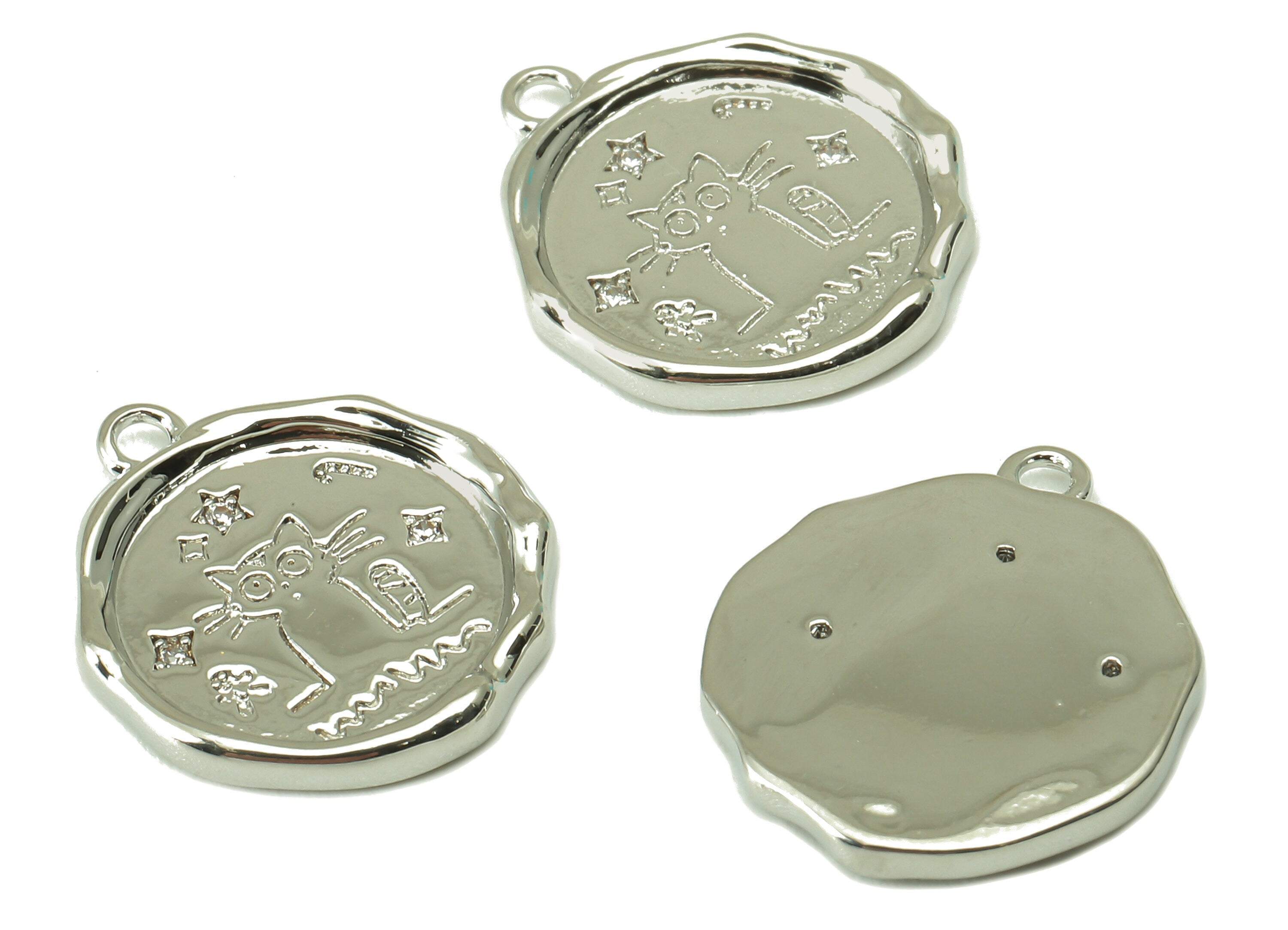 Brass Round Earring Charms - CZ Cat Star Circle Earring - Pendant With Loop - 18K Real White Gold Plated Brass - 17.5x15.2x2mm - RGP3984S - DOMEDBAZAAR