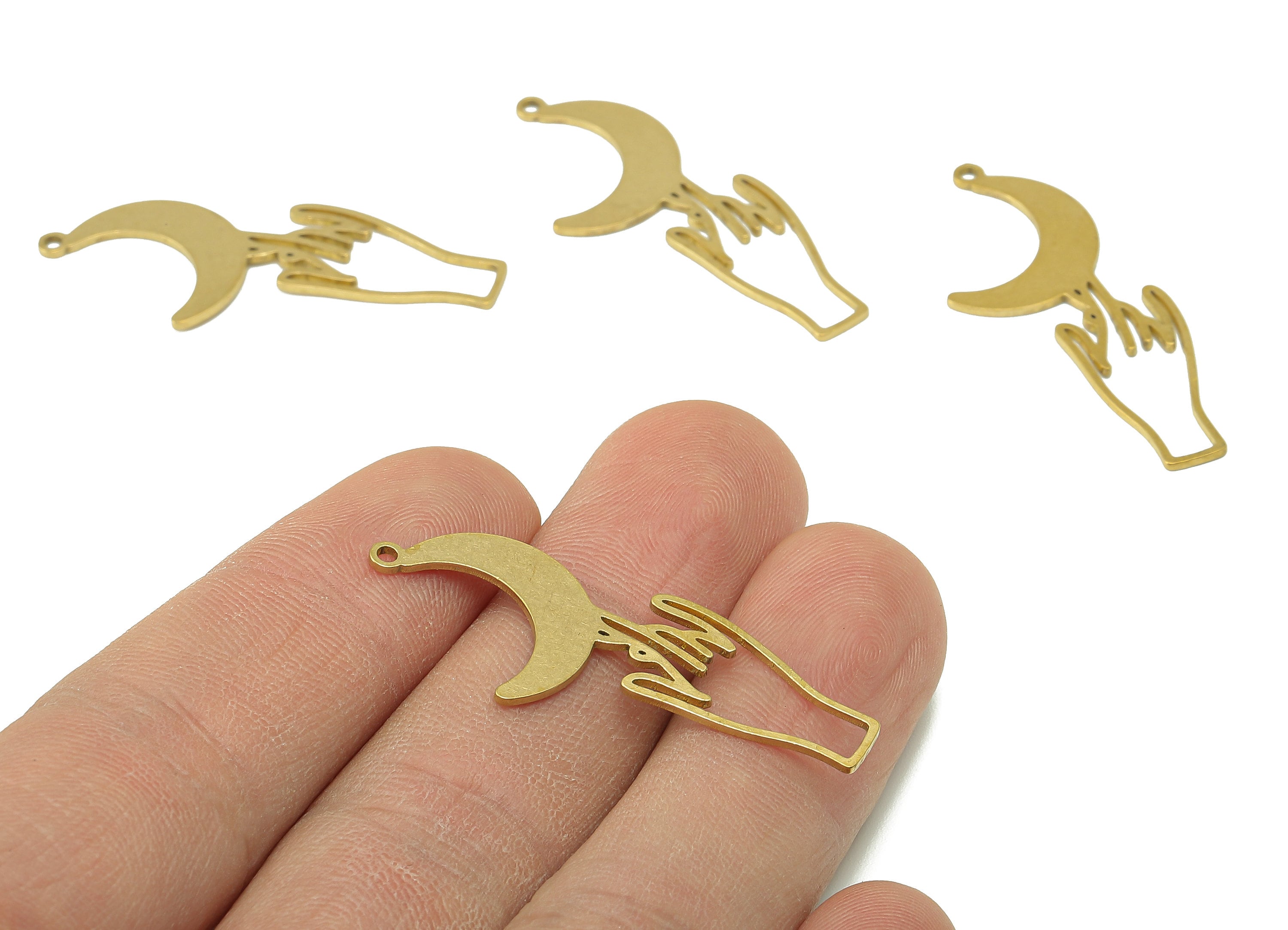 Brass Hand Crescent Earring Charm - Raw Brass Hand Moon Earring - Hand Pendant With Loop - Charm For Necklace - 39.8x15.5x0.8mm - PPA6633 - DOMEDBAZAAR