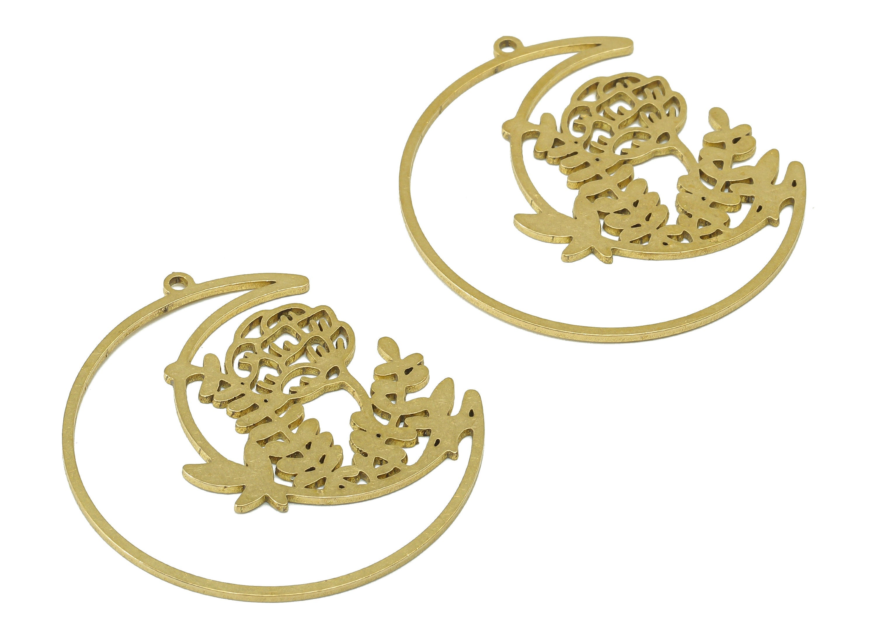 Brass Flower Crescent Earring Charm - Raw Brass Branch Moon Earring - Pendant With Loop - Charm For Necklace - 28.6x20.1x0.8mm - PPA6678 - DOMEDBAZAAR