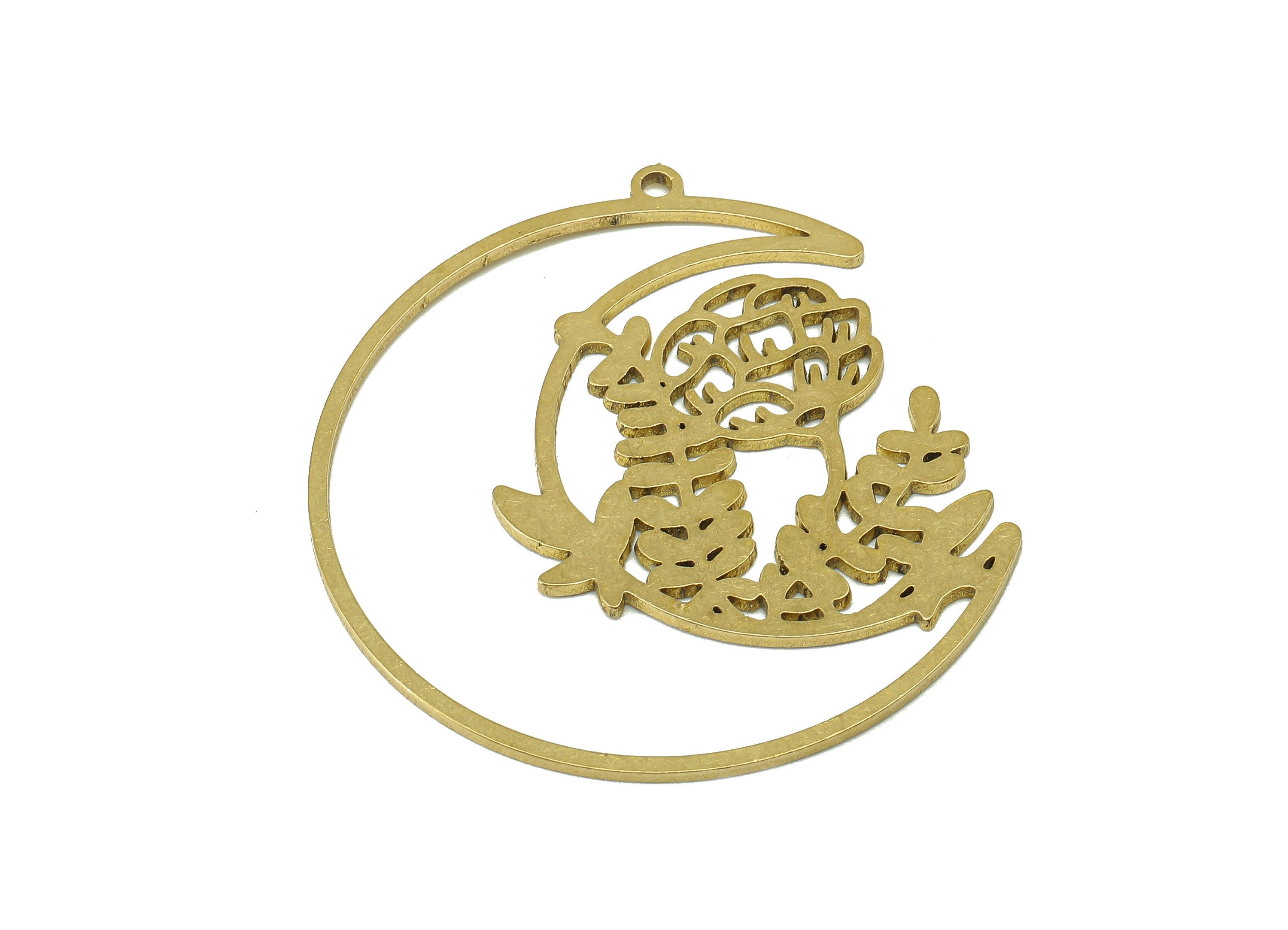 Brass Flower Crescent Earring Charm - Raw Brass Branch Moon Earring - Pendant With Loop - Charm For Necklace - 28.6x20.1x0.8mm - PPA6678 - DOMEDBAZAAR