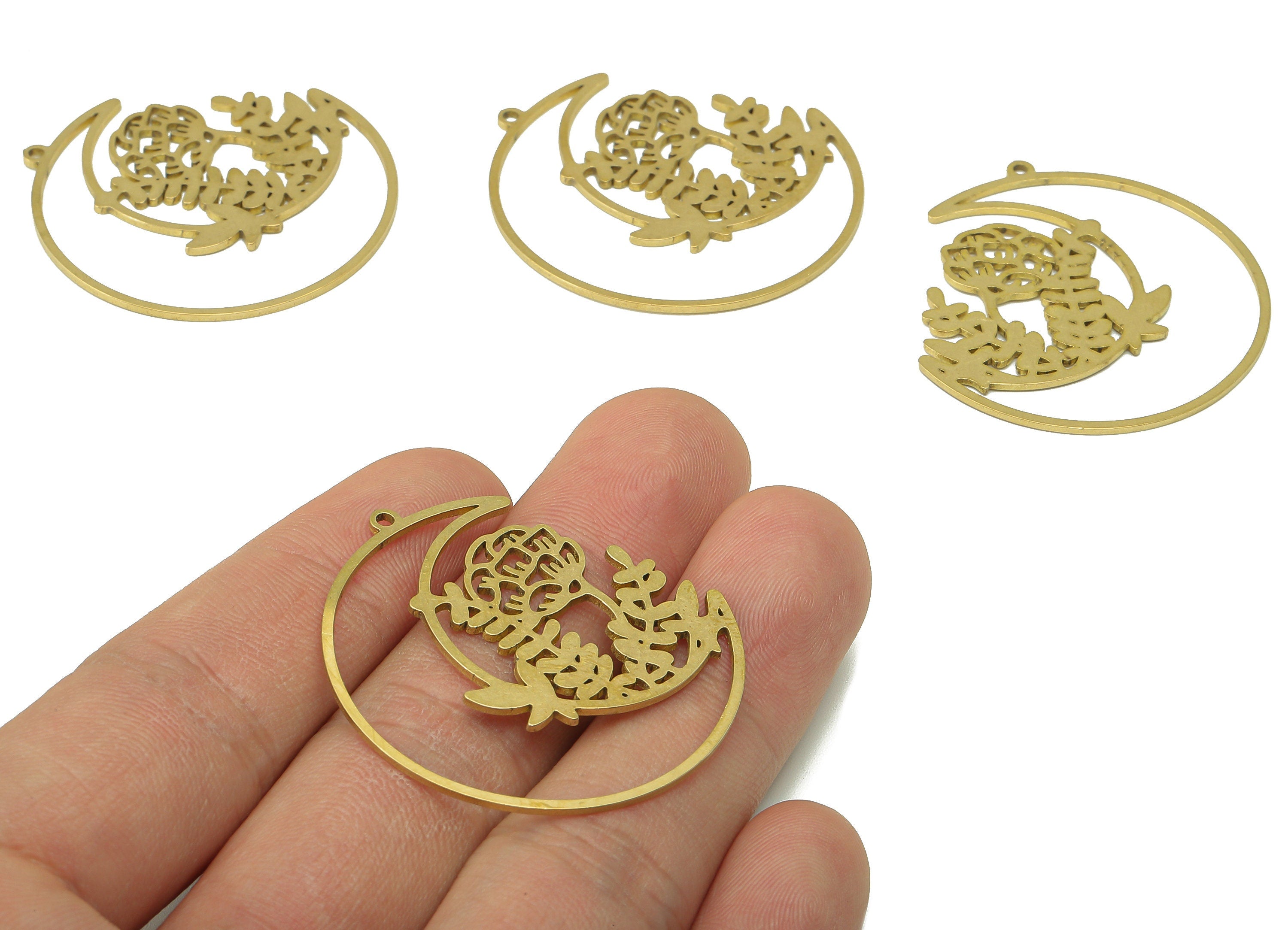 Brass Flower Crescent Earring Charm - Raw Brass Branch Moon Earring - Pendant With Loop - Charm For Necklace - 28.6x20.1x0.8mm - PPA6678 - DOMEDBAZAAR