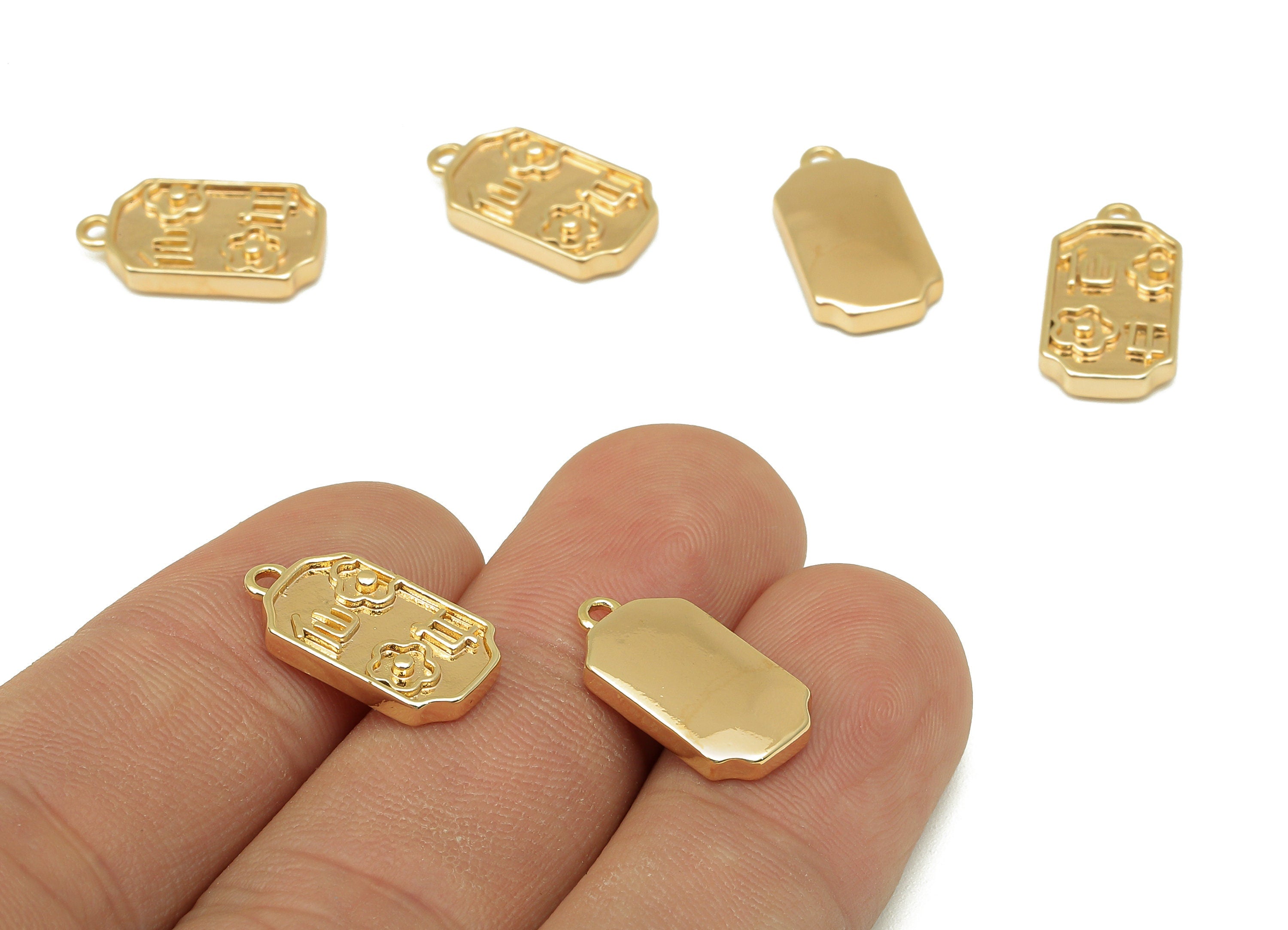 Brass Rectangle Flower Earring Charm - Gold Word Thick Necklace Charm - Pendant With Loop - 18K Real Gold Plating - 16.9x9x2.7mm - RGP5775 - DOMEDBAZAAR
