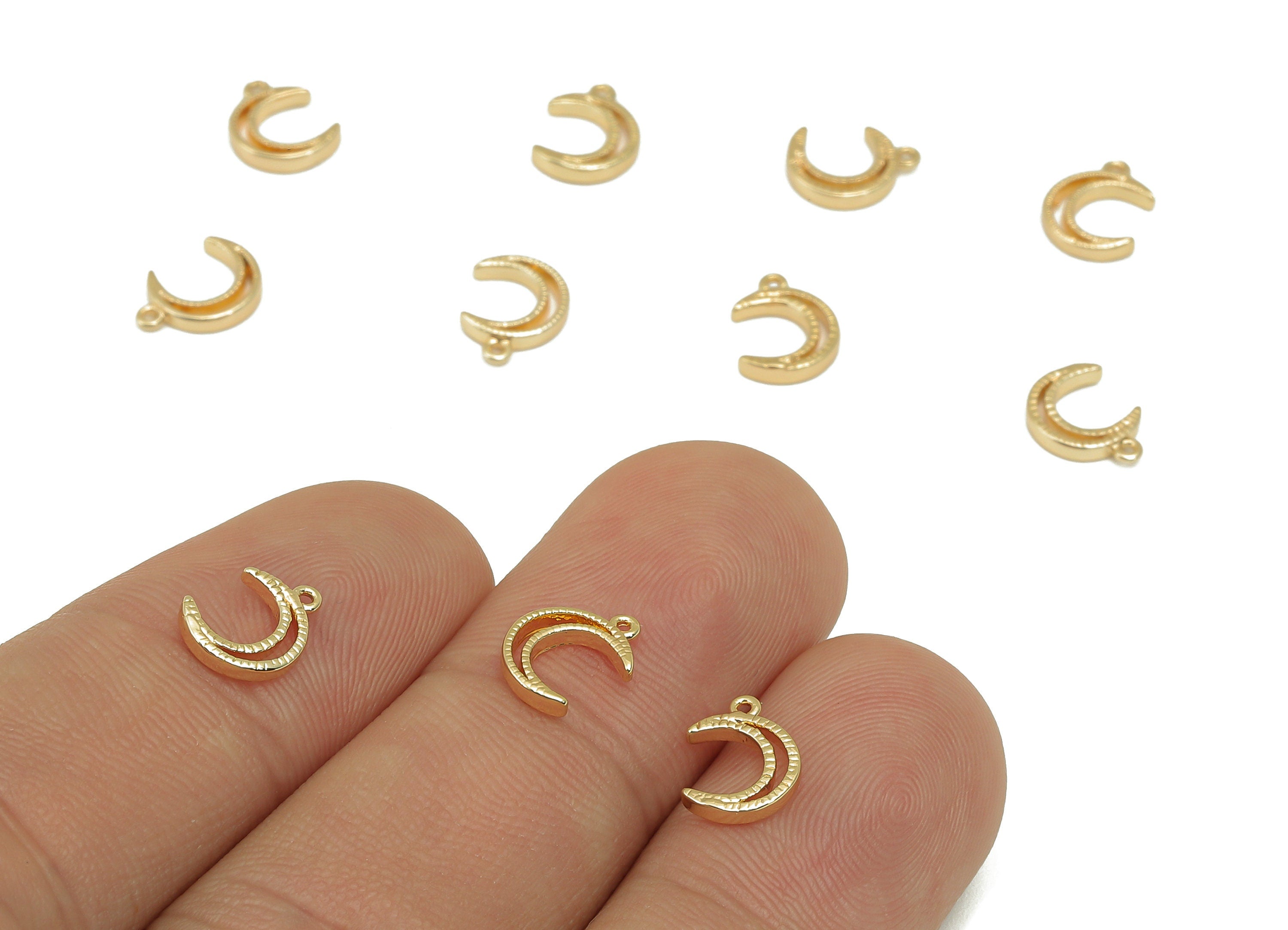 Brass Mini Crescent Earring Charm - Textured Tiny Moon Earring - Necklace Pendant With Loop - 18K Real Gold Plating - 8.9x6.6x1.3mm -RGP5786 - DOMEDBAZAAR