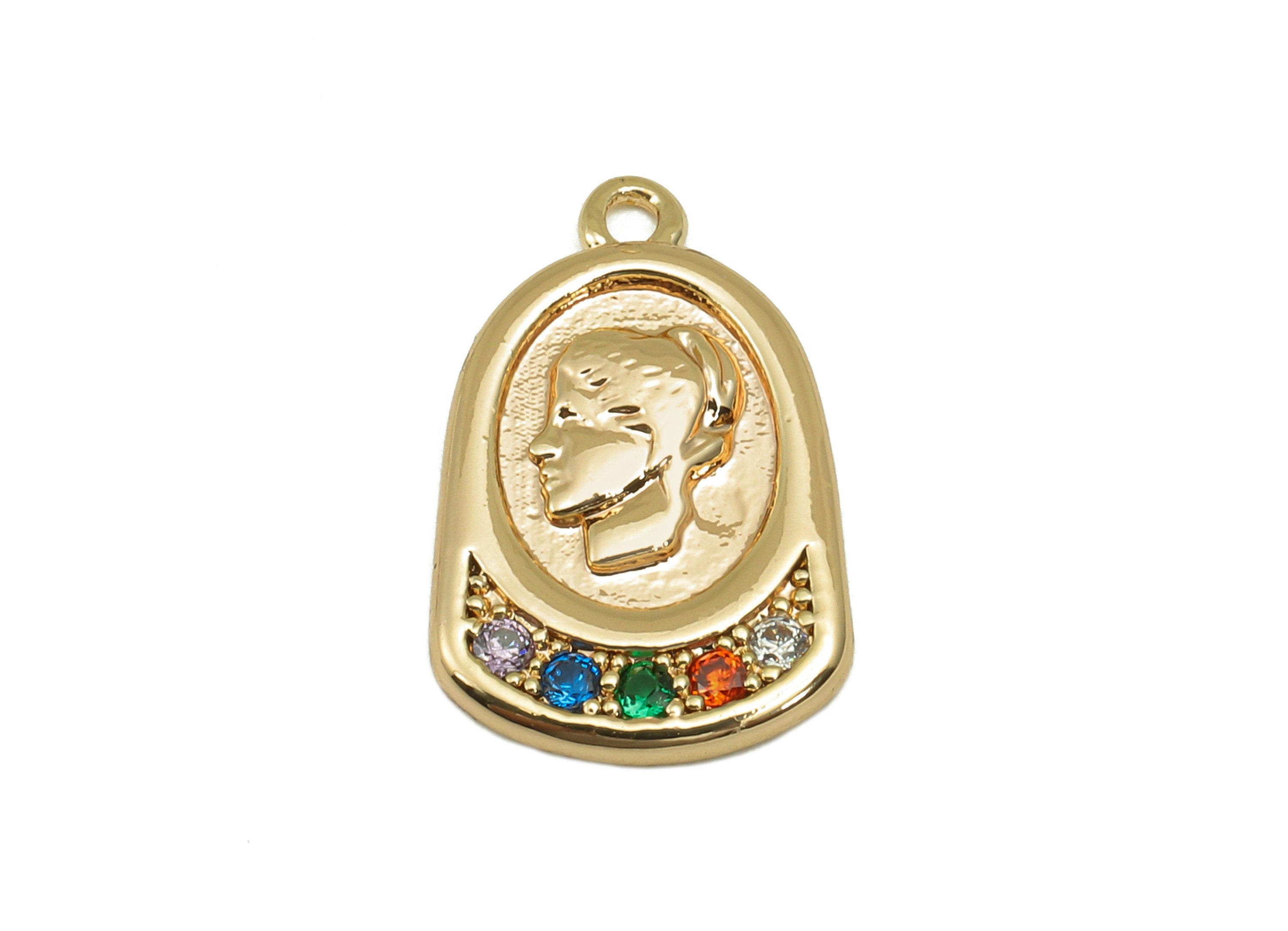 Brass Relief Portrait Oval Earring - Rainbow Zircon Girl Textured Charm - Pendant With Loop - 18K Real Gold Plating - 17.2x11x1.9mm -RGP5789 - DOMEDBAZAAR