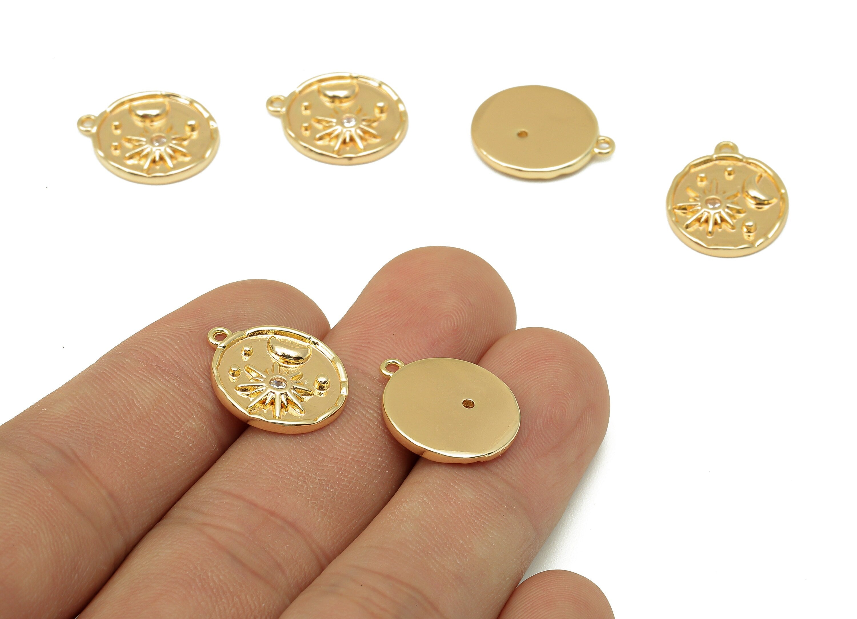 Brass Round Crescent Charm - Zircon Circle Star Earrings - Necklace Pendant With Loop - 18K Real Gold Plating - 17.4x14.2x2.3mm - RGP5790 - DOMEDBAZAAR