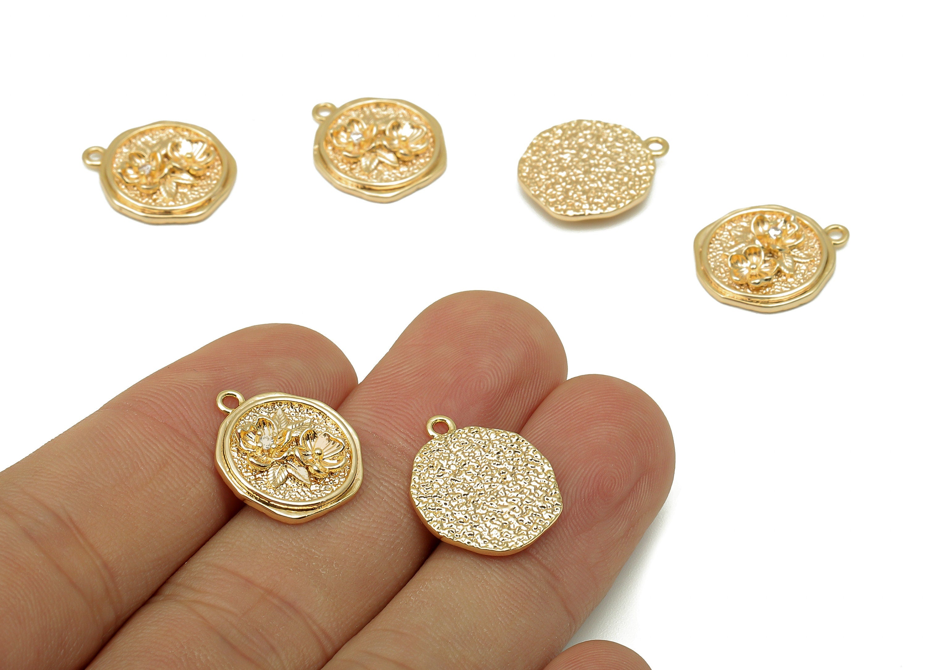 Brass Textured Round Flower Charm - Zircon Circle Flower Earrings - Pendant With Loop - 18K Real Gold Plating - 17.4x14.9x3mm - RGP5797 - DOMEDBAZAAR