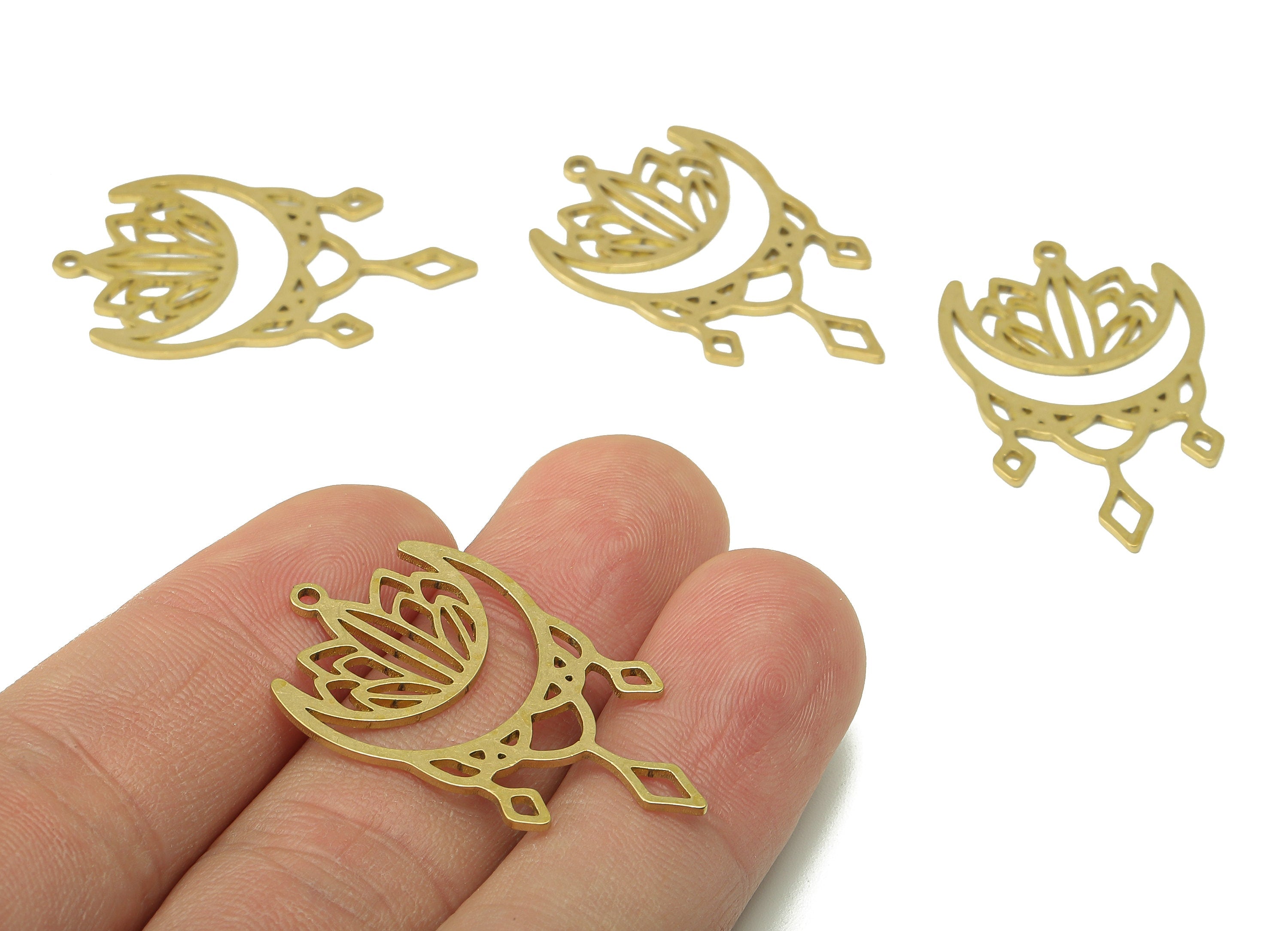 Brass Flower Crescent Earring Charm - Raw Brass Rhombus Moon Earring - Pendant With Loop - Charm For Necklace - 35.9x21.8x0.9mm - PPA7177 - DOMEDBAZAAR