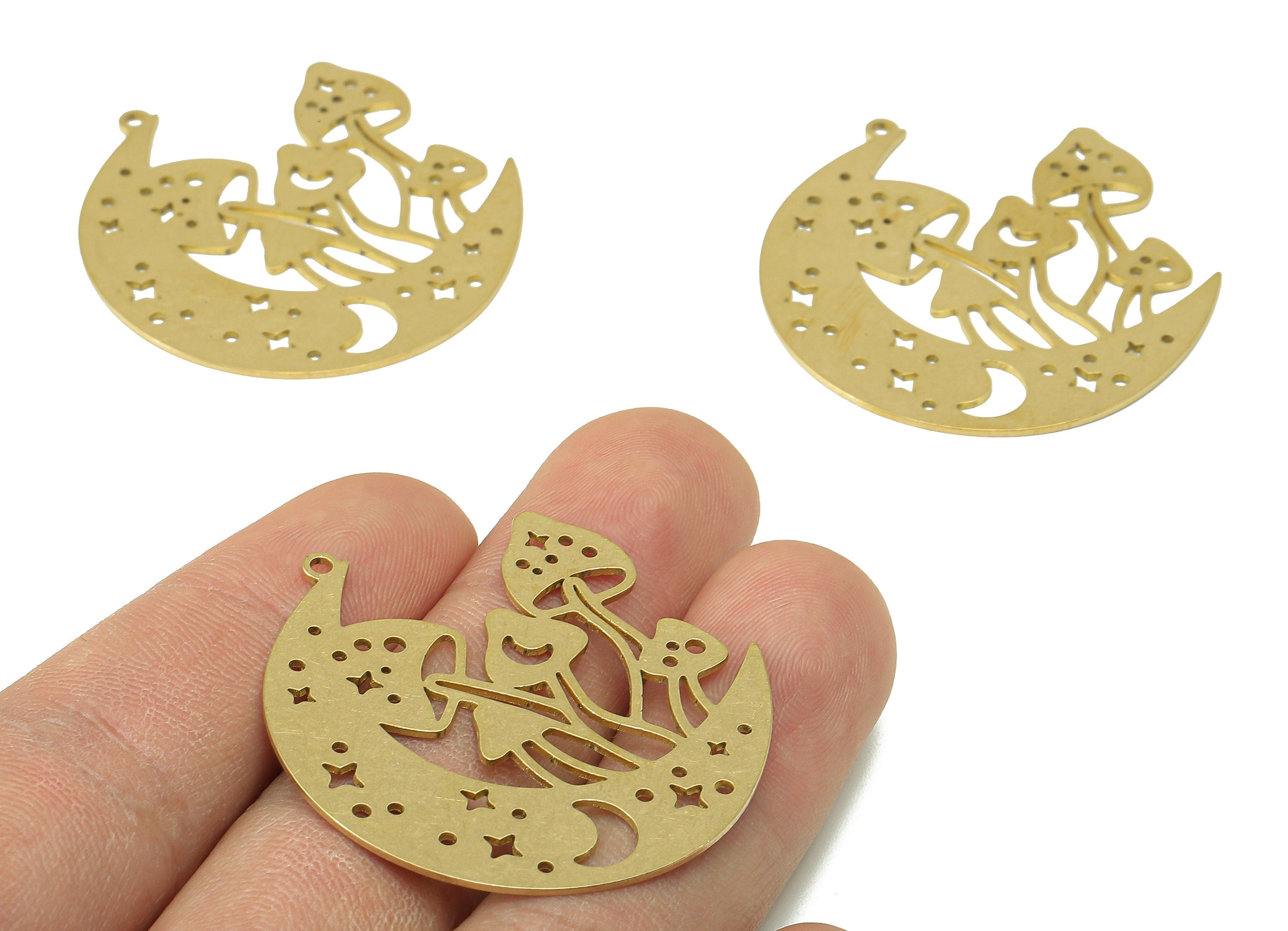 Brass Mushroom Crescent Earring Charm - Raw Brass Star Moon Earring - Hollow Pendant With Loop - For Necklace - 39.5x37.9x0.7mm - PPZ0238 - DOMEDBAZAAR