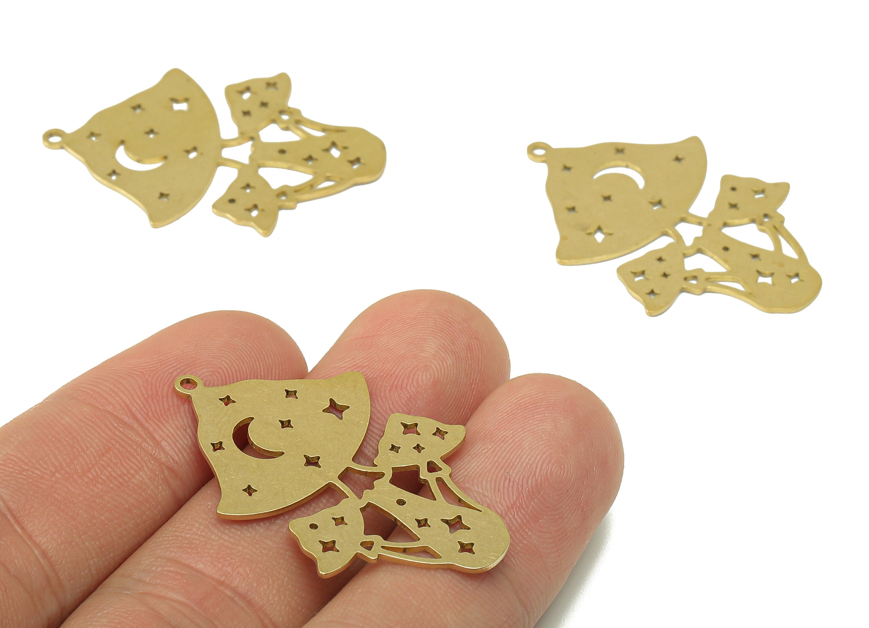 Brass Mushroom Earring Charm - Raw Brass Crescent Star Hollow Earring - Botanical Pendant With Loop - For Necklace - 37.9x25.4x0.7mm-PPZ0225 - DOMEDBAZAAR