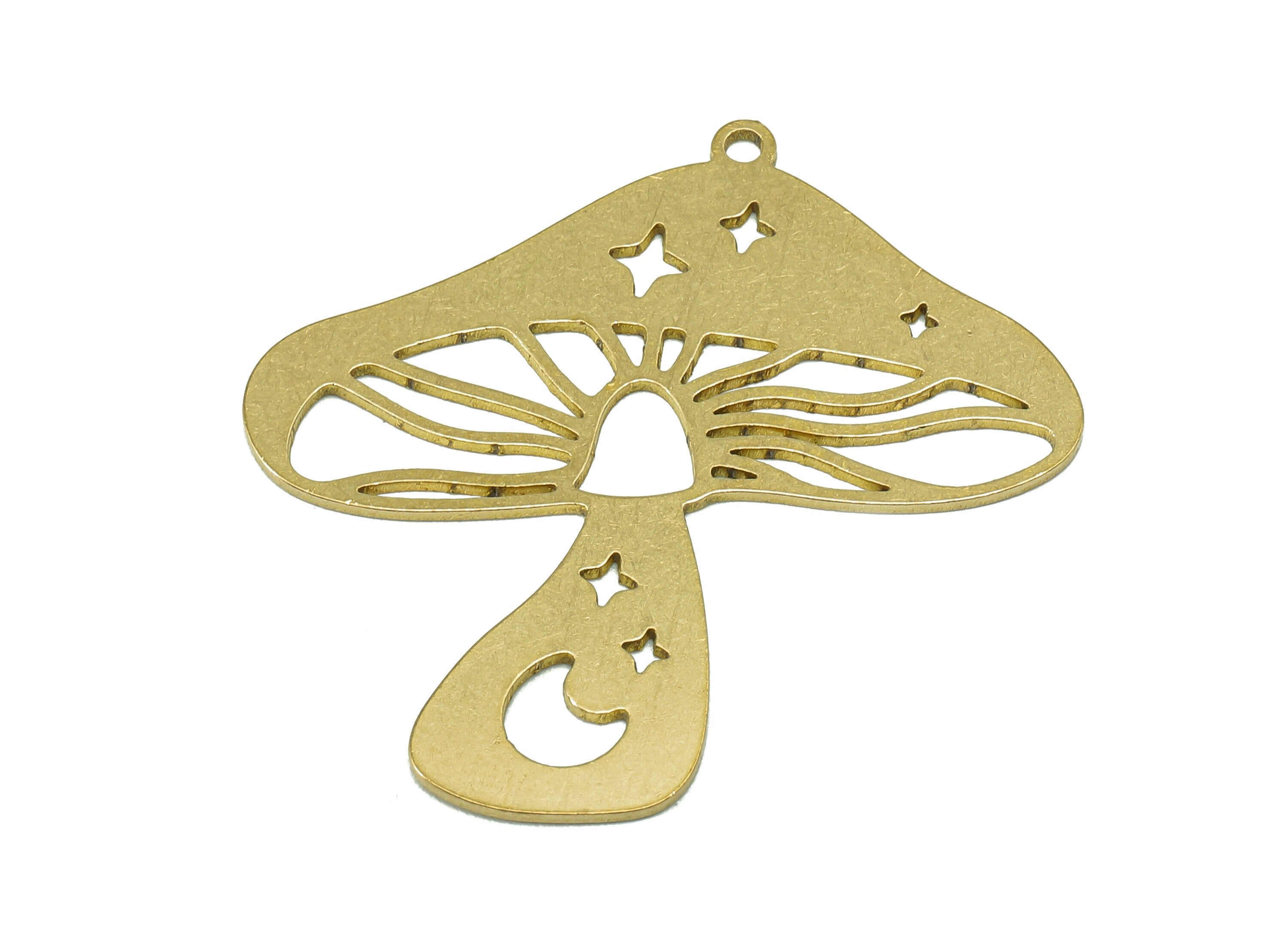Brass Mushroom Earring Charm - Raw Brass Crescent Star Hollow Earring - Botanical Pendant With Loop - For Necklace - 34.3x34.8x0.7mm-PPZ0233 - DOMEDBAZAAR