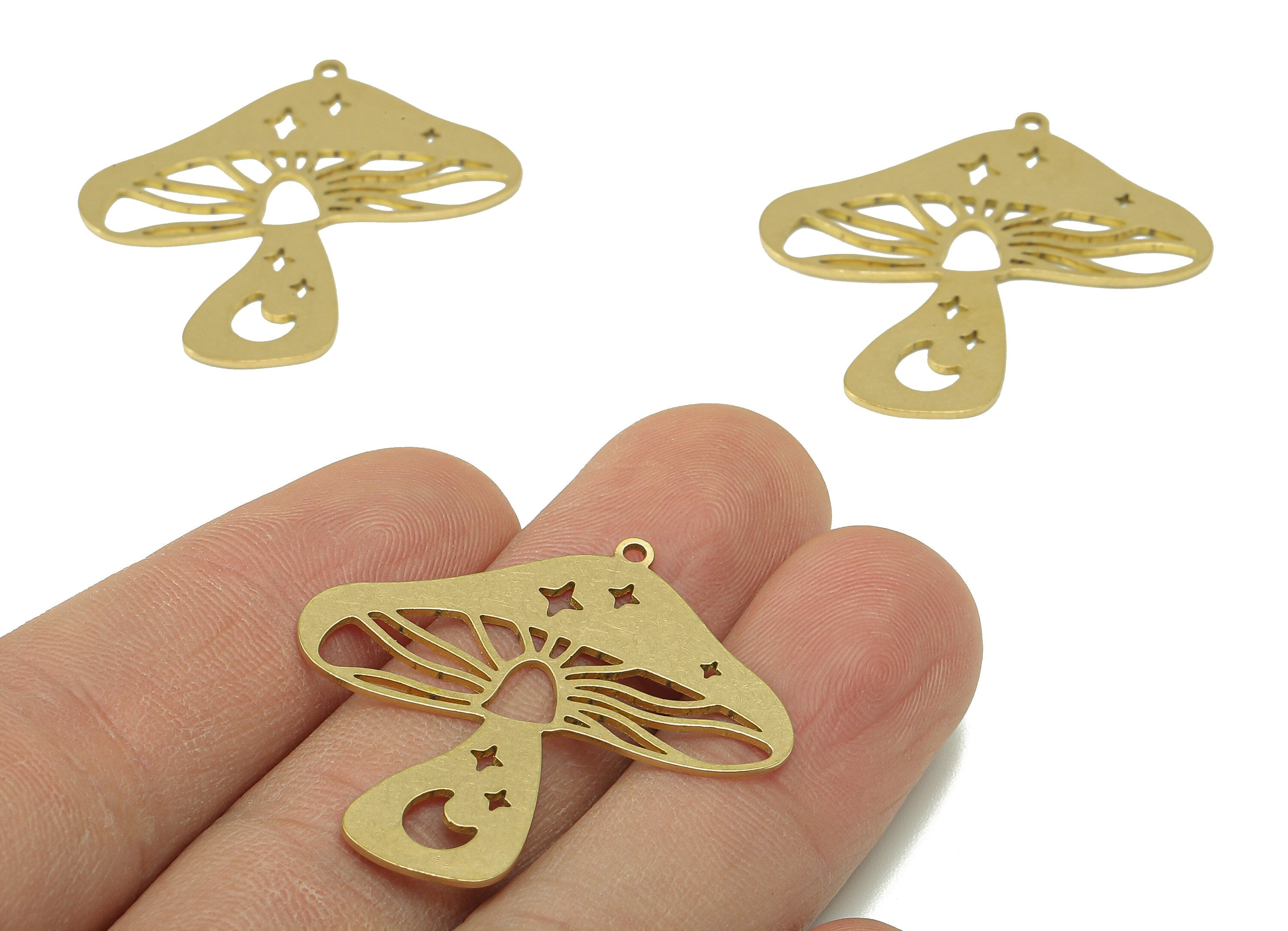 Brass Mushroom Earring Charm - Raw Brass Crescent Star Hollow Earring - Botanical Pendant With Loop - For Necklace - 34.3x34.8x0.7mm-PPZ0233 - DOMEDBAZAAR