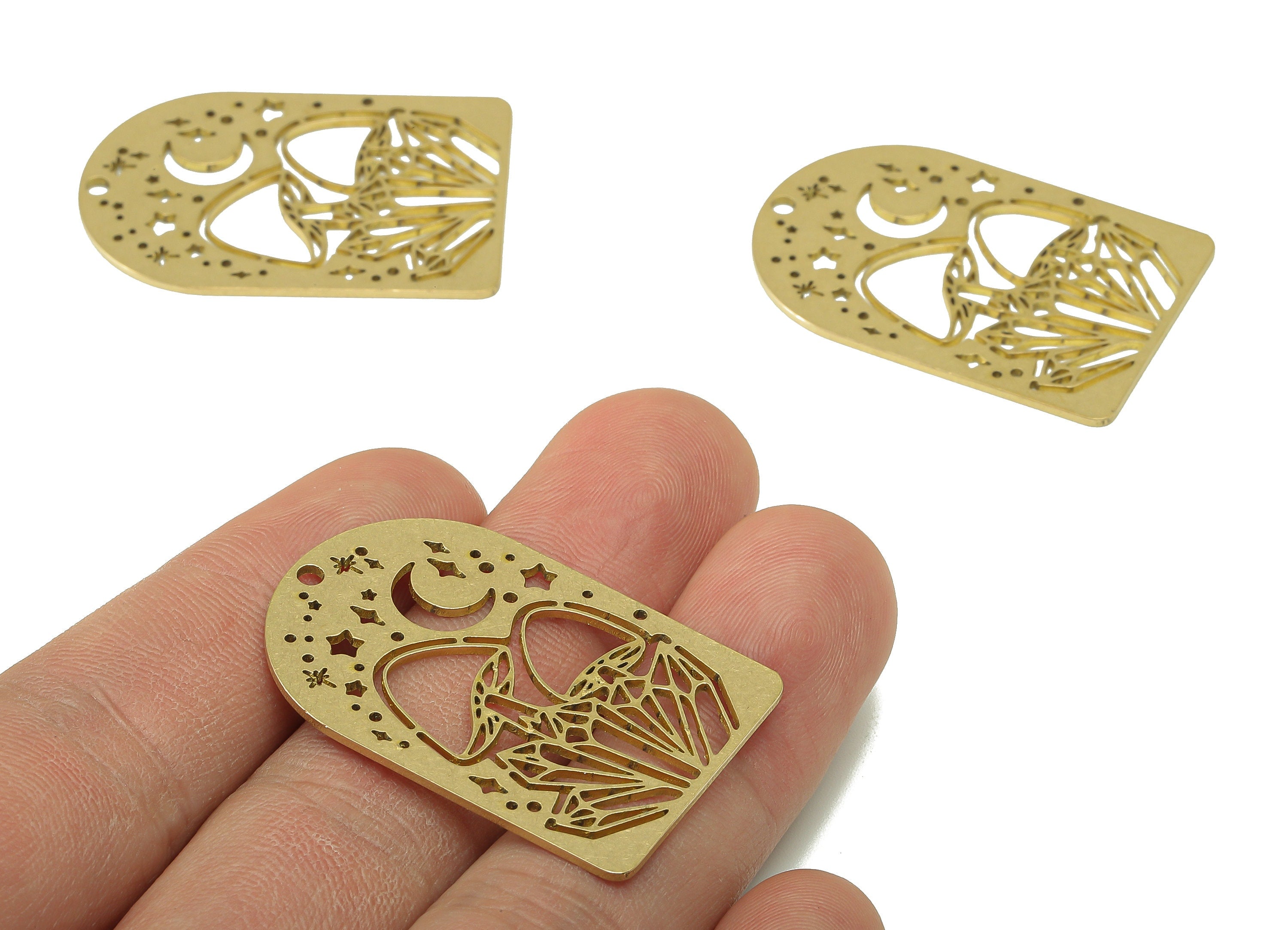 Brass Mushroom Star Domed Charm - Raw Brass Crescent Hollow Earring - Botanical Pendant With Hole - For Necklace - 37.6x25.2x0.9mm - PPZ0235 - DOMEDBAZAAR