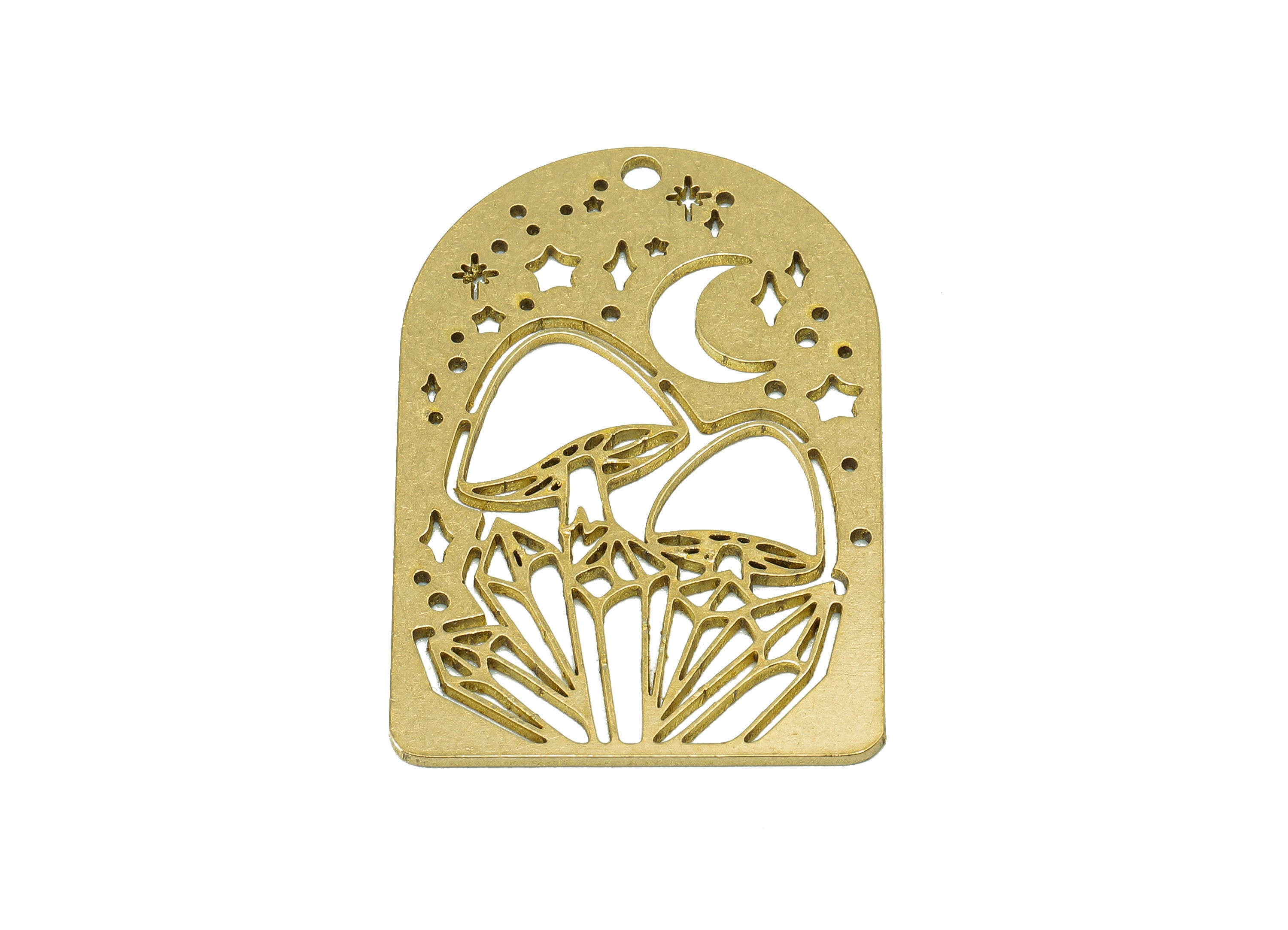 Brass Mushroom Star Domed Charm - Raw Brass Crescent Hollow Earring - Botanical Pendant With Hole - For Necklace - 37.6x25.2x0.9mm - PPZ0235 - DOMEDBAZAAR