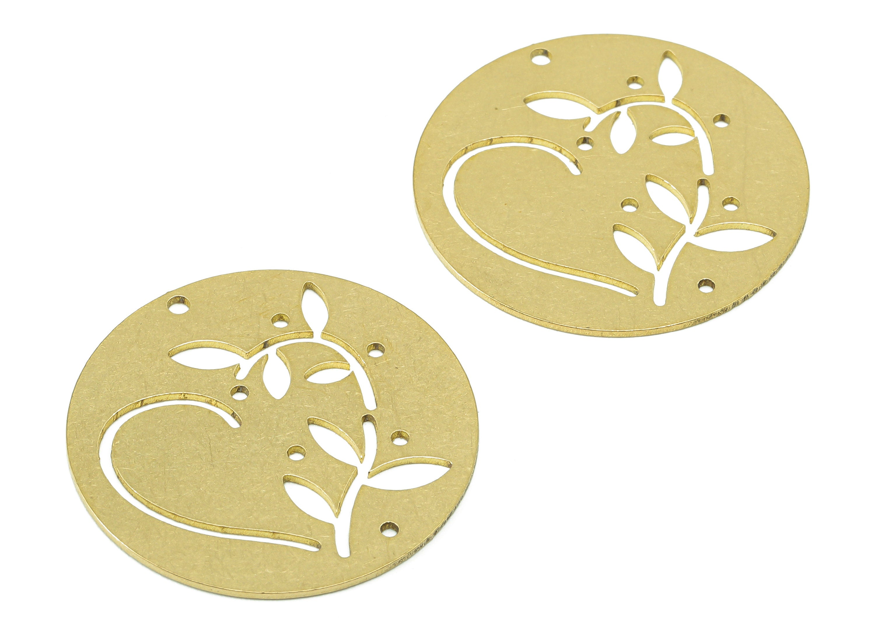 Brass Round Heart Earring Charm - Raw Brass Leaf Hollow Earring - Leaves Circle Pendant With Hole - Charm For Necklace - 30x30x0.7mm-PPA7166 - DOMEDBAZAAR