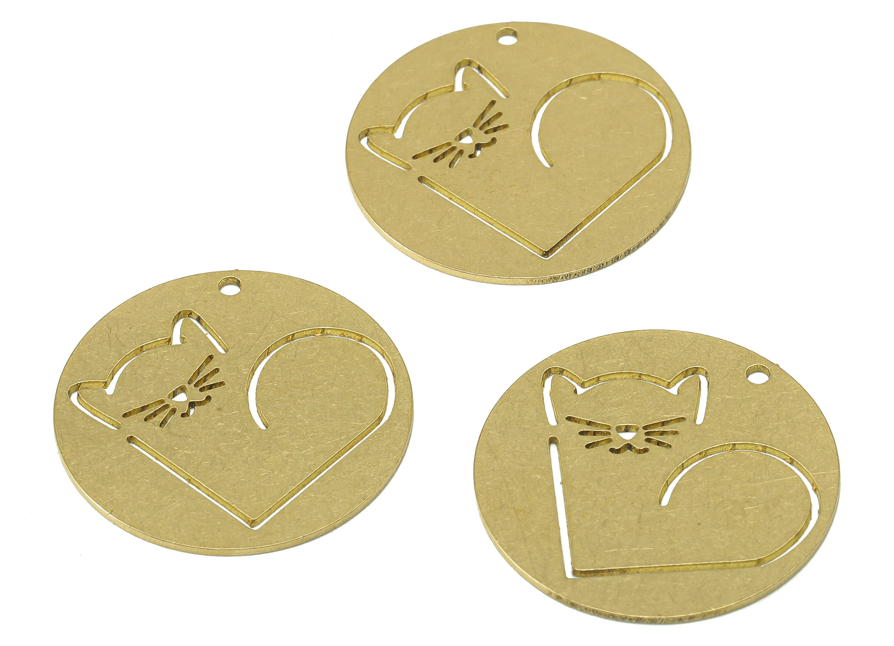 Brass Round Cat Love Charm - Raw Brass Cat Heart Hollow Earring - Circle Pendant With Hole - Animal Charm For Necklace - 25x25x0.7mm-PPA7007 - DOMEDBAZAAR