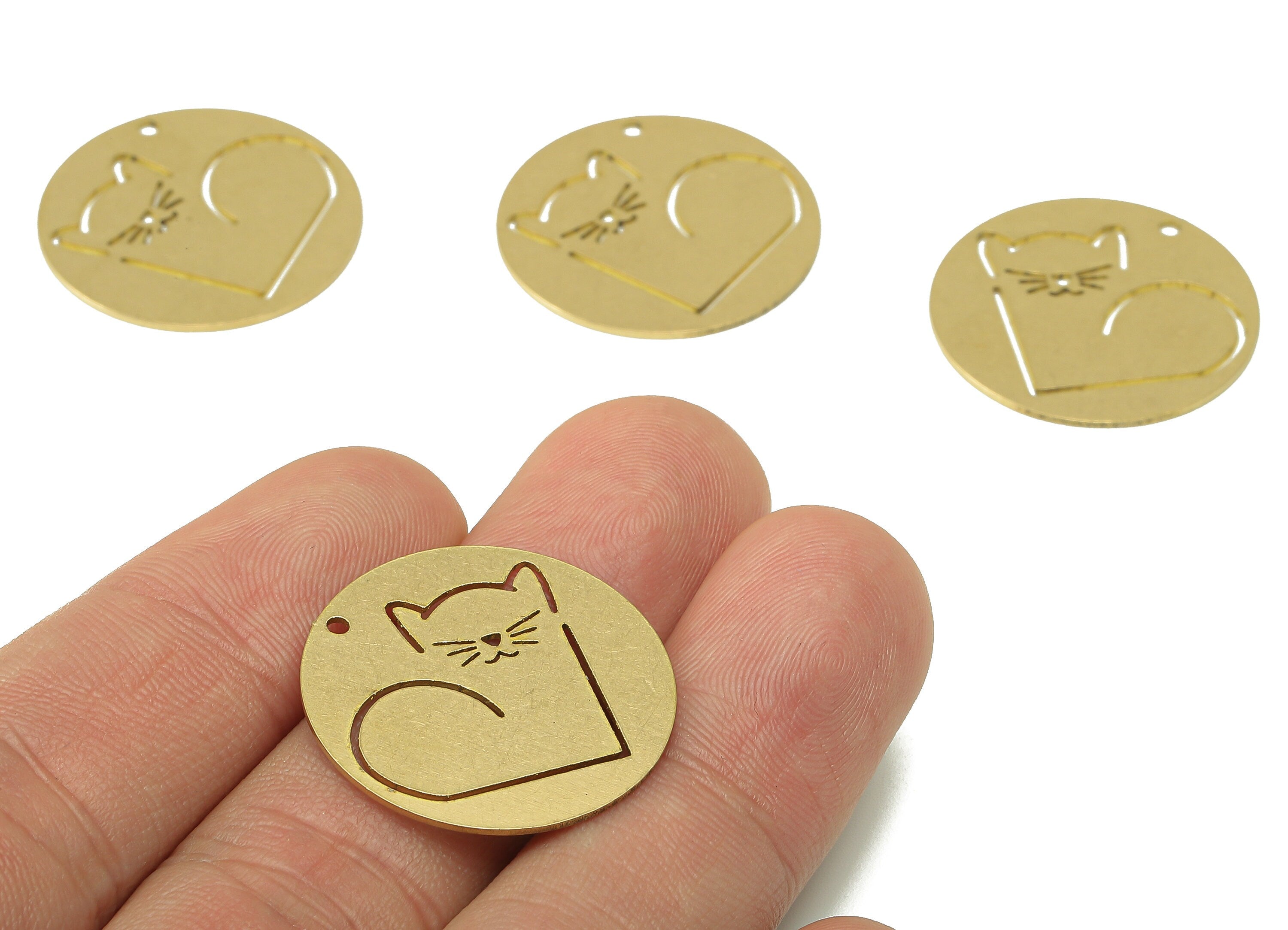 Brass Round Cat Love Charm - Raw Brass Cat Heart Hollow Earring - Circle Pendant With Hole - Animal Charm For Necklace - 25x25x0.7mm-PPA7007 - DOMEDBAZAAR