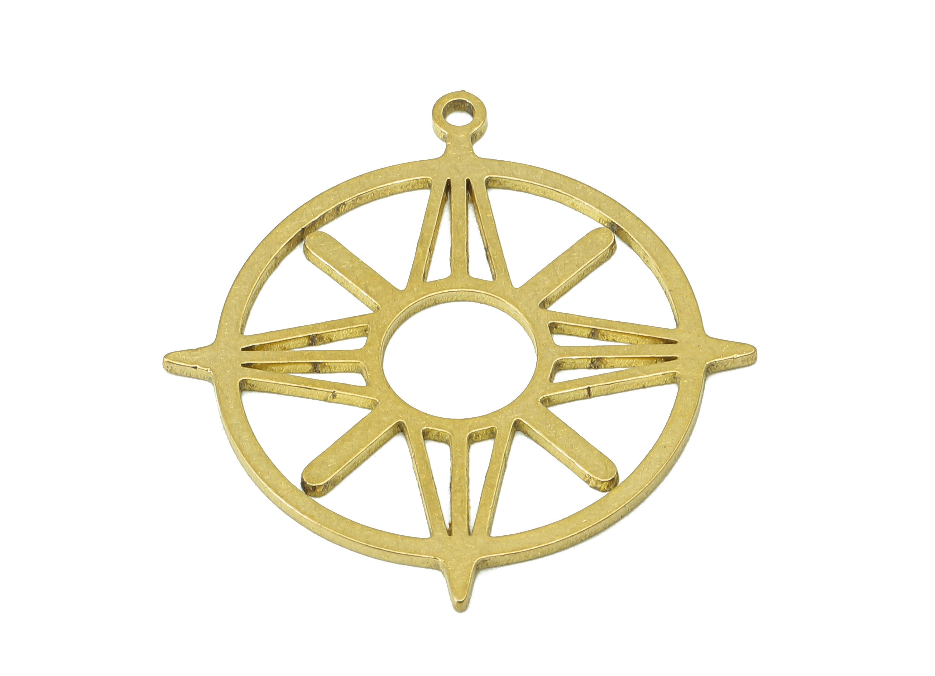 Brass Round Star Earring Charm - Raw Brass Circle Compass Earring - Star Pendant With Loop - Charm For Necklace - 32x30x0.9mm - PPA7073 - DOMEDBAZAAR