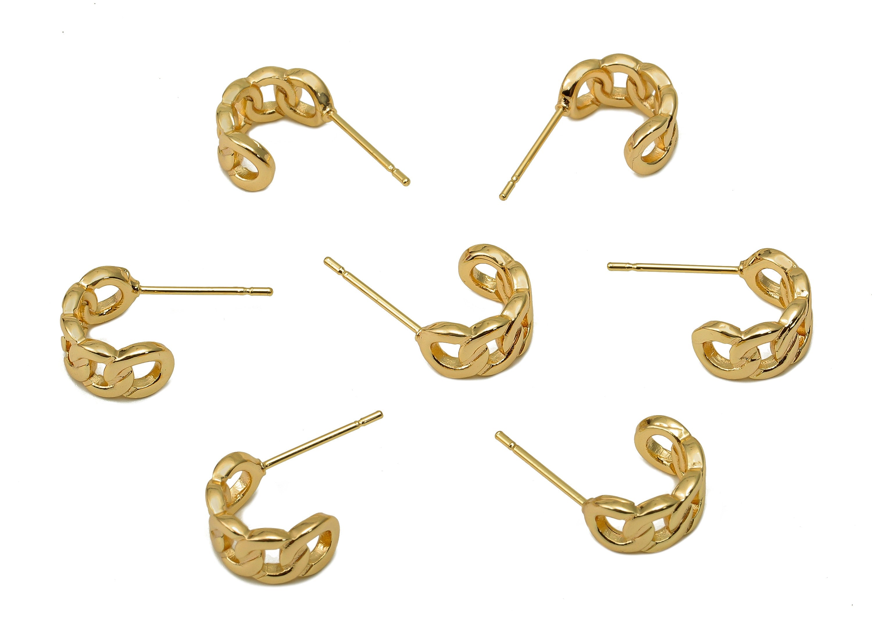 Brass Curb Chain Hoop Stud Earrings - Round C Earring Post - 316 Stainless Steel Stud - 18K Real Gold Plating - 19.4x11.4x1.8mm - RGP5610 - DOMEDBAZAAR