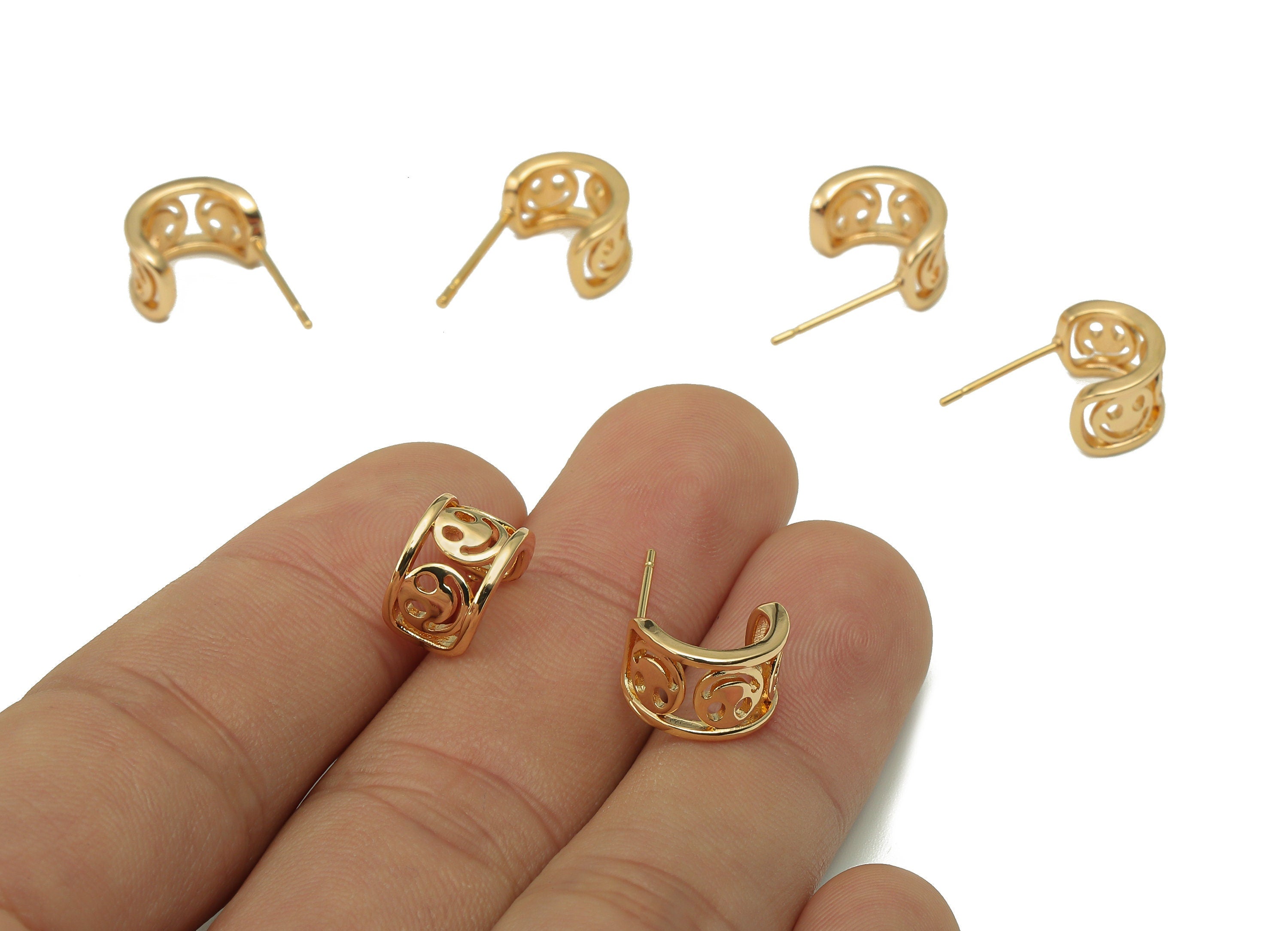 Brass Smile Huggie C Stud Earrings - Happy Face Earring Post - 316 Stainless Steel Stud - 18K Real Gold Plating - 18.71x11.0x1.6mm - RGP5611 - DOMEDBAZAAR