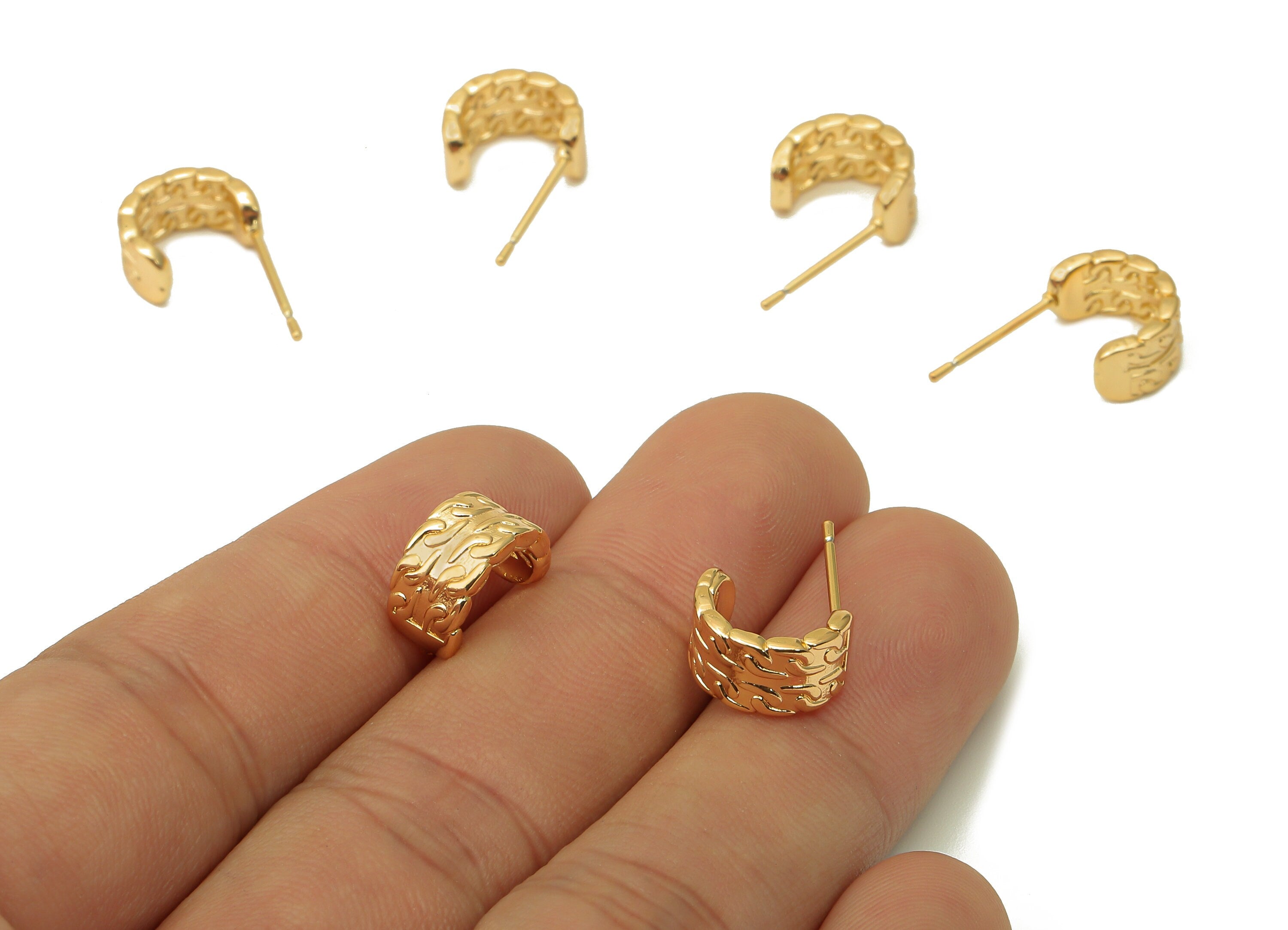 Brass Semicircle C Stud Earrings - Leaf Textured Earring Post - 316 Stainless Steel Stud - 18K Real Gold Plating - 19.9x11.2x1.5mm - RGP5613 - DOMEDBAZAAR