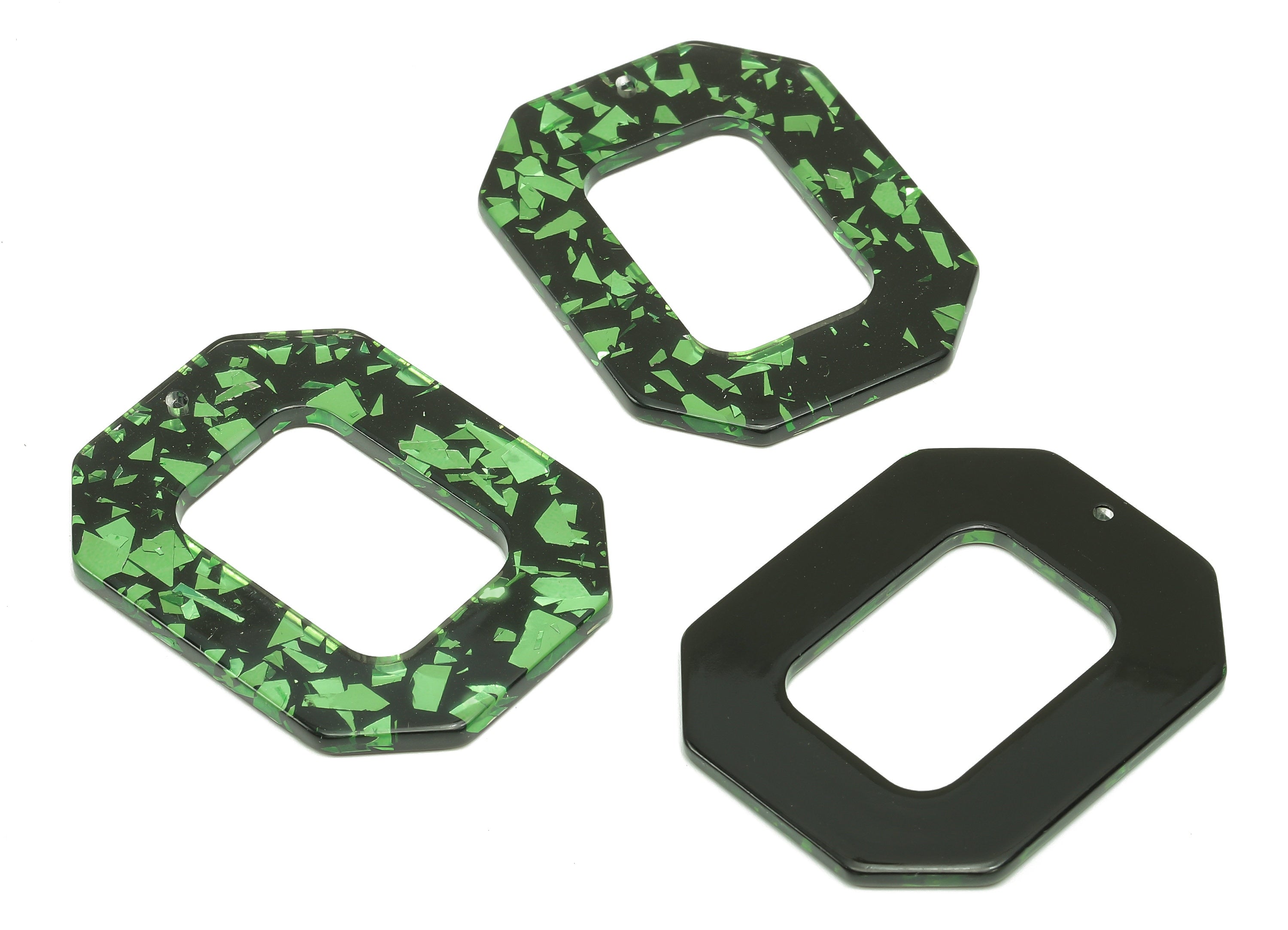 Acrylic Rectangle Earring Charm - Green Foil Rectangle Hollow Earring - Pendant With Hole - Color Code: A635 - 44.6x34.7x2.7mm - AC2566-A635 - DOMEDBAZAAR